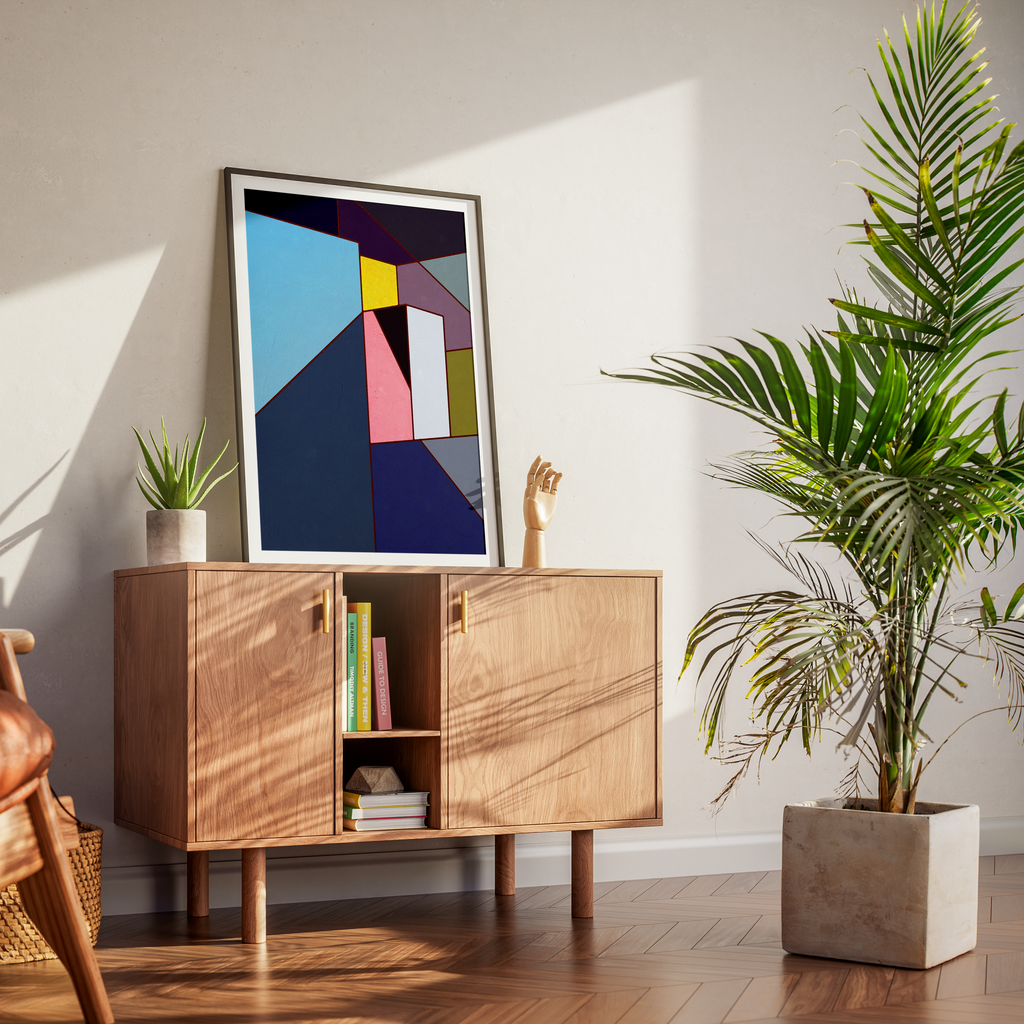 Constructed Fields 10 – abstract geometric colour-field art print displayed in a modern interior setting, styled on a dresser. Minimalist contemporary wall art for home or office decor.