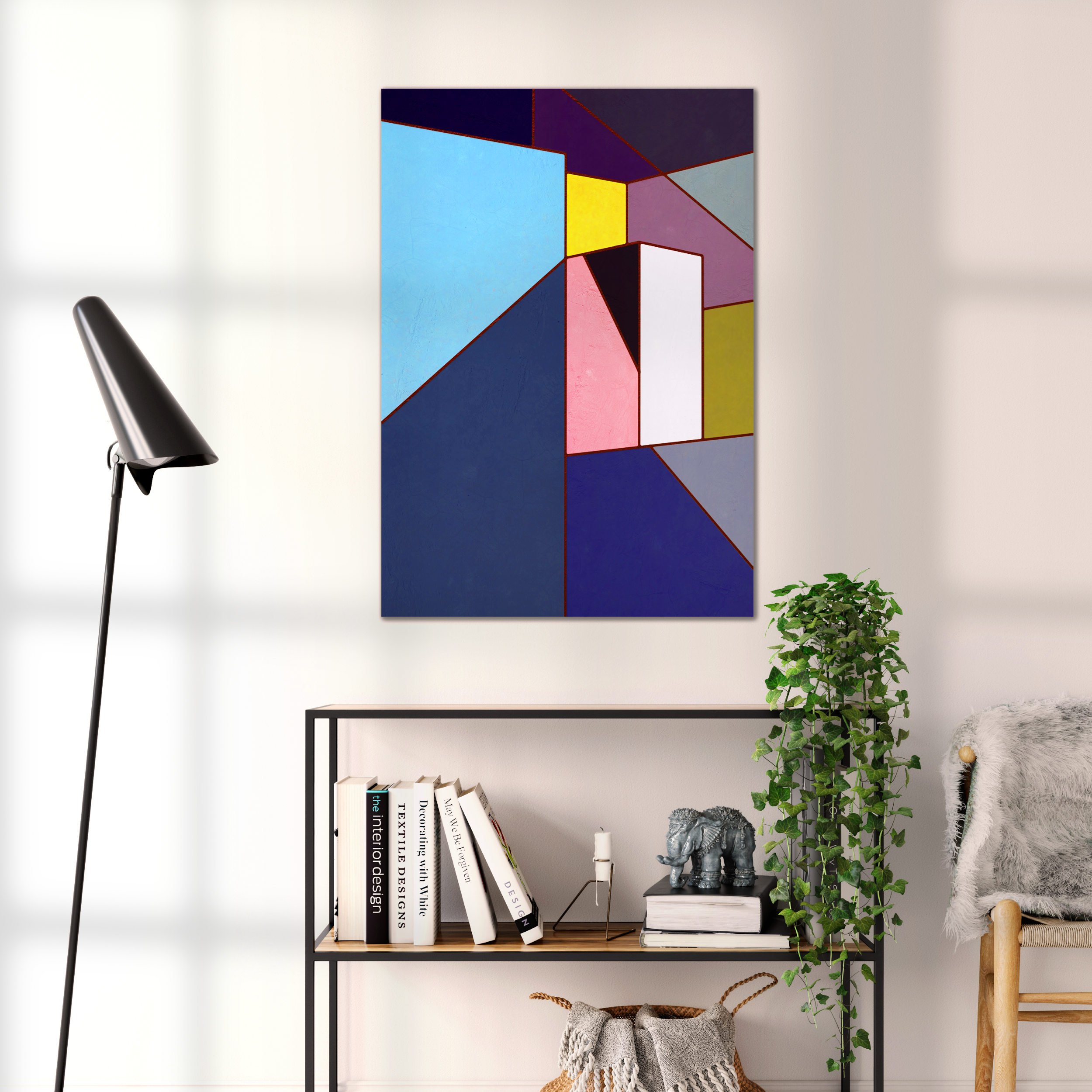 Constructed Fields 10 – geometric abstract art print shown to scale in a contemporary living space. Modern colour-field wall art available in A3, A2, or A1 sizes.