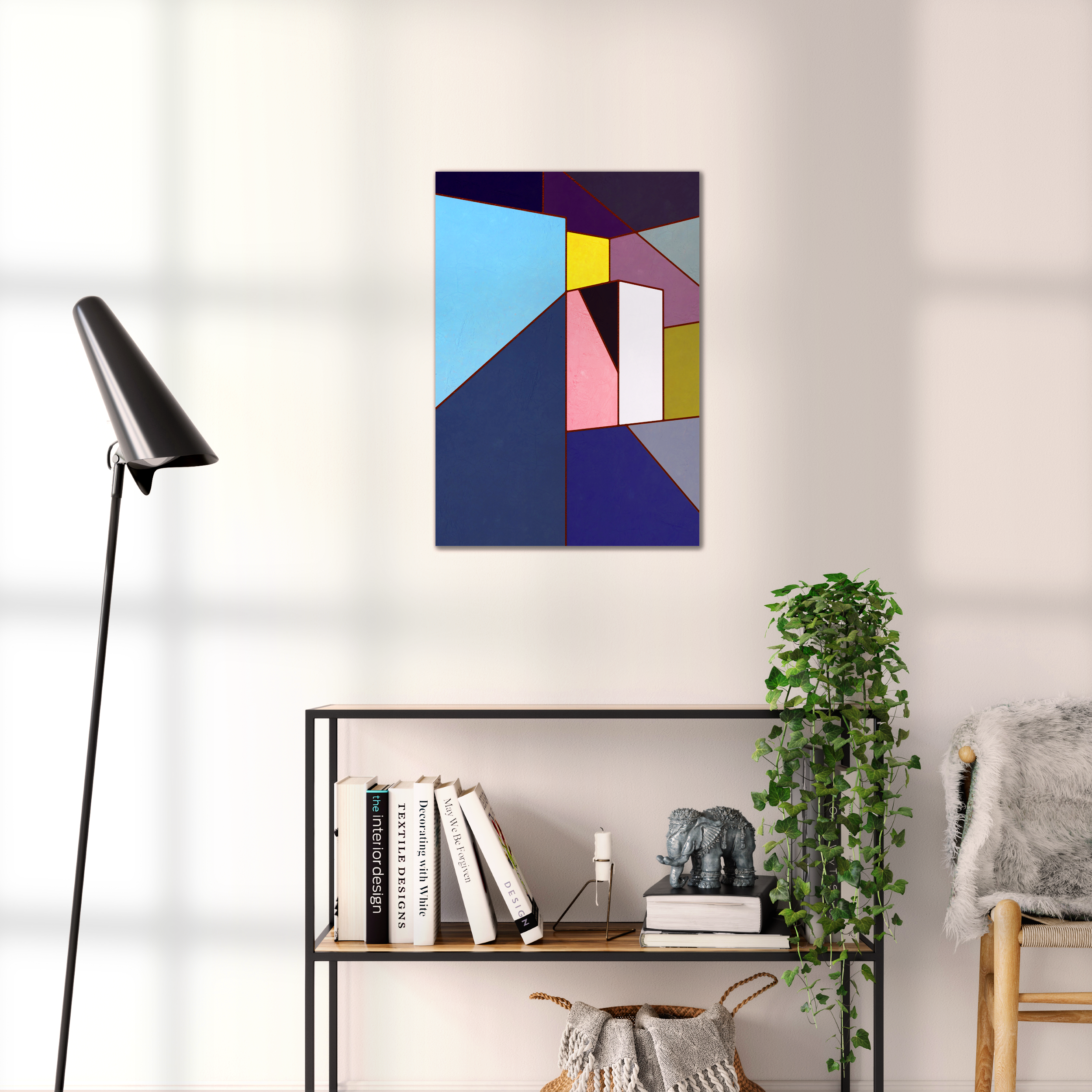 Constructed Fields 10 – geometric abstract art print shown to scale in a contemporary living space. Modern colour-field wall art available in A3, A2, or A1 sizes.