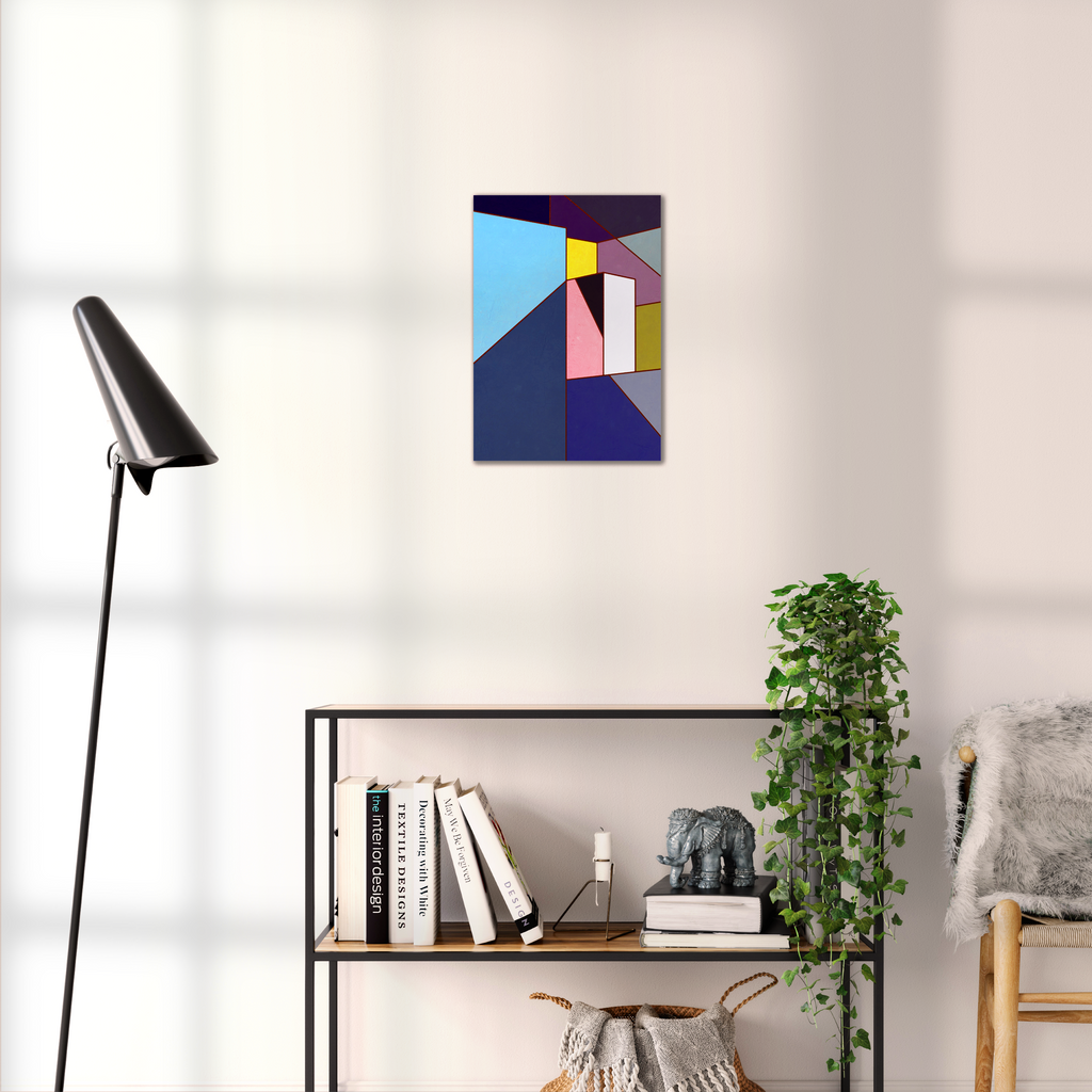 Constructed Fields 10 – geometric abstract art print shown to scale in a contemporary living space. Modern colour-field wall art available in A3, A2, or A1 sizes.