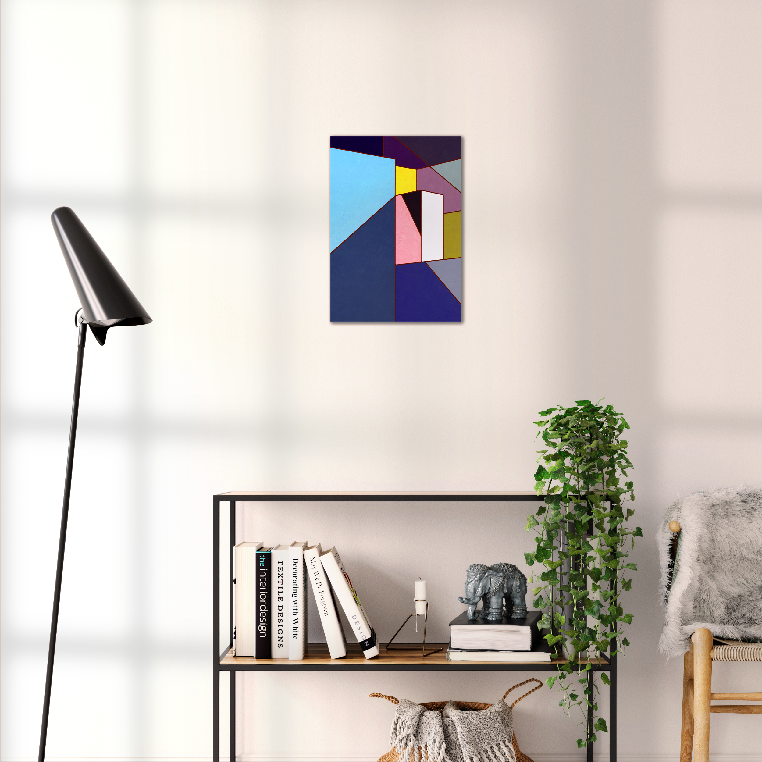 Constructed Fields 10 – geometric abstract art print shown to scale in a contemporary living space. Modern colour-field wall art available in A3, A2, or A1 sizes.