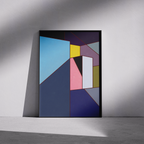 Constructed Fields 10 – framed abstract geometric art print in neutral minimalist setting. Modern colour-field wall decor printed with archival pigment inks on Hahnemühle German Etching paper.
