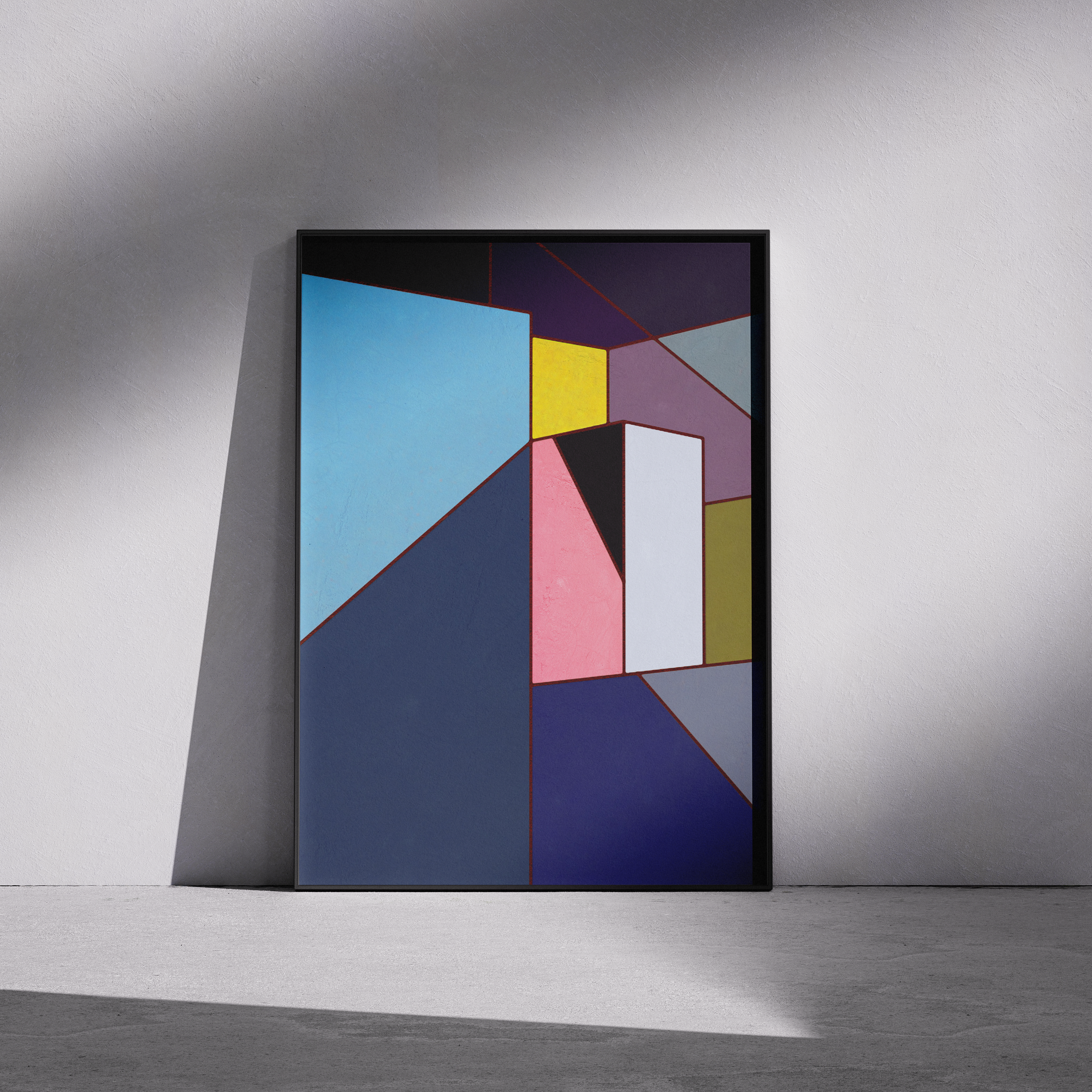 Constructed Fields 10 – framed abstract geometric art print in neutral minimalist setting. Modern colour-field wall decor printed with archival pigment inks on Hahnemühle German Etching paper.