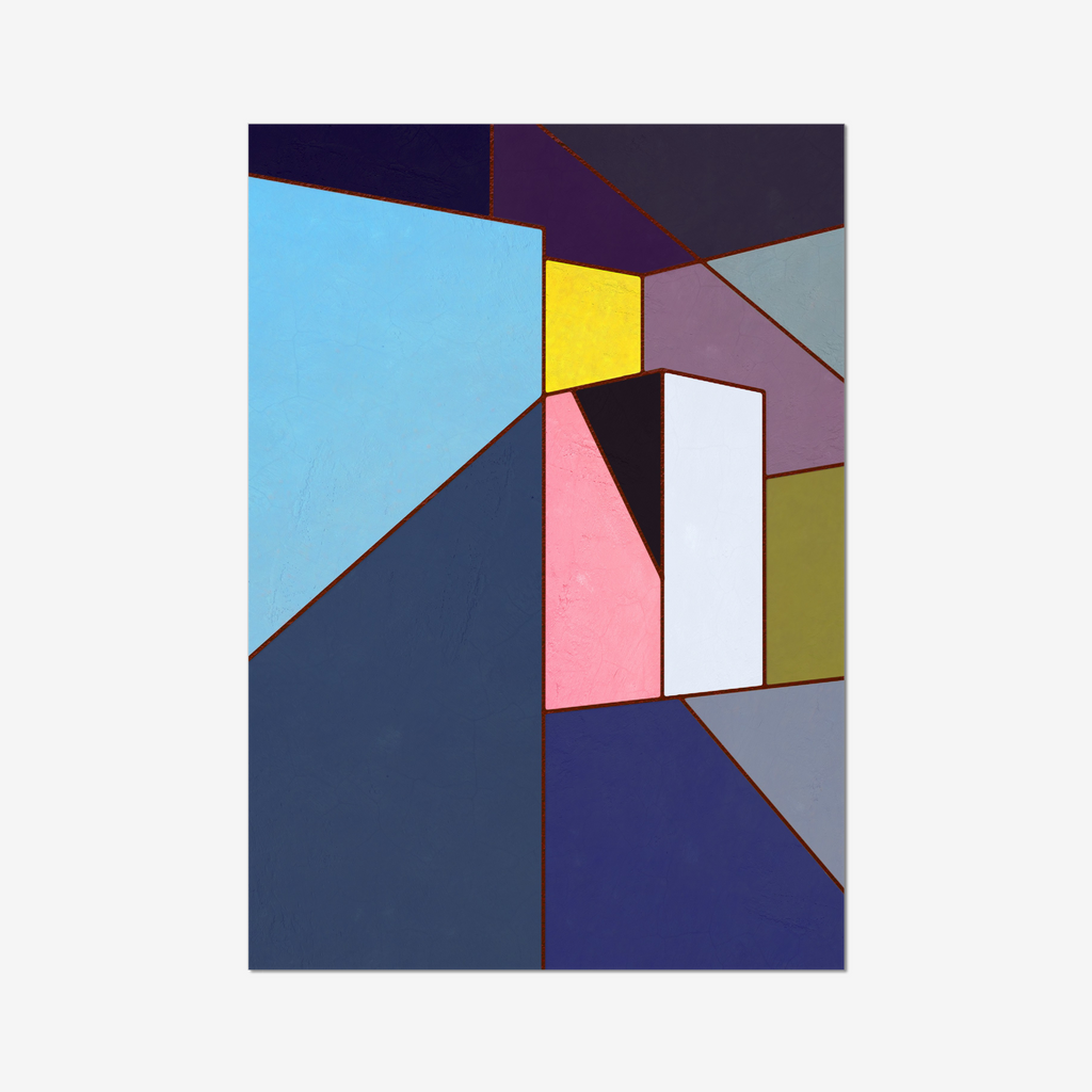Constructed Fields 10 – abstract geometric colour-field composition featuring structured shapes and balanced colour fields on white background. Fine art giclée print available in multiple sizes.