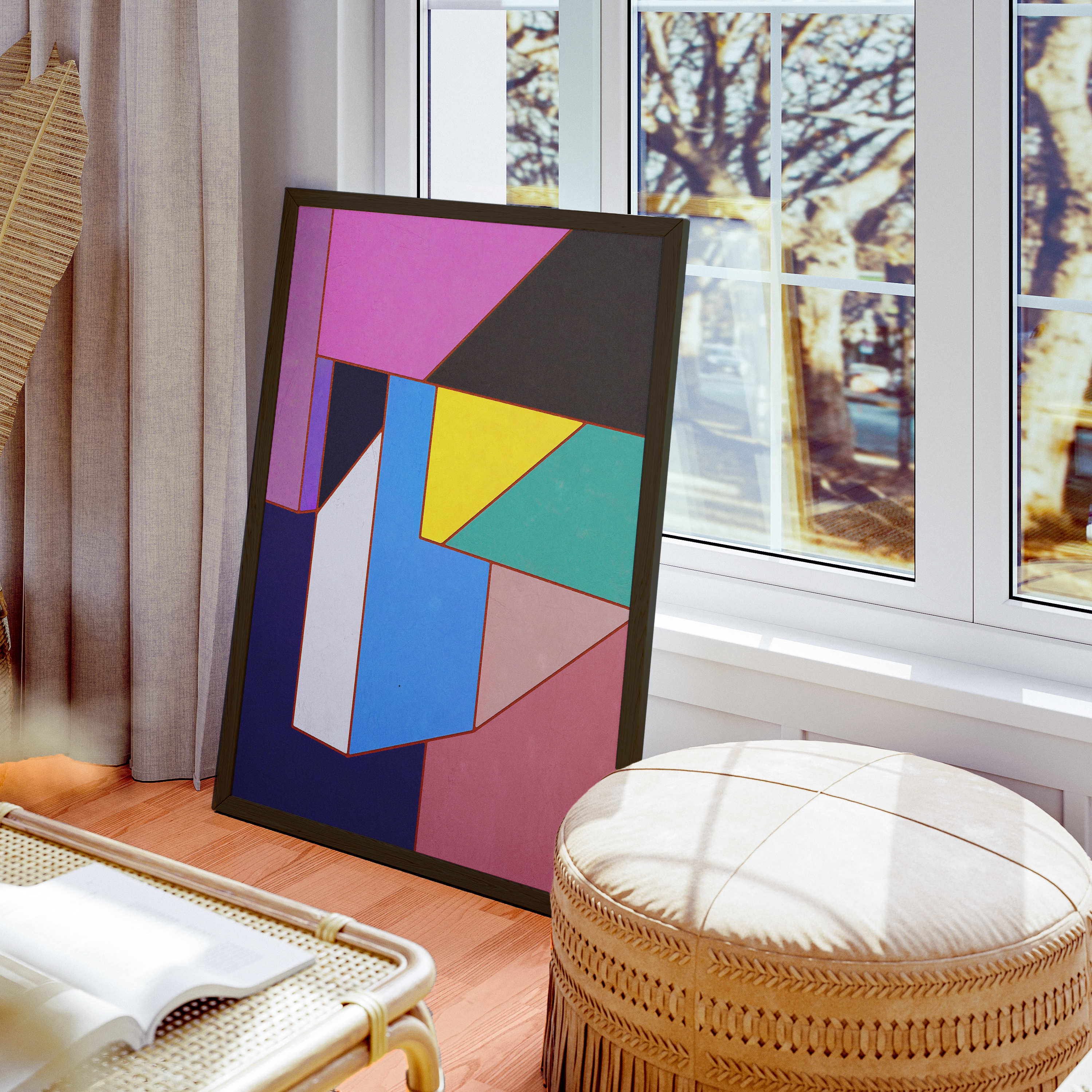 Constructed Fields 11 – abstract geometric colour-field art print displayed in a modern interior setting, styled on a floor. Minimalist contemporary wall art for home or office decor.