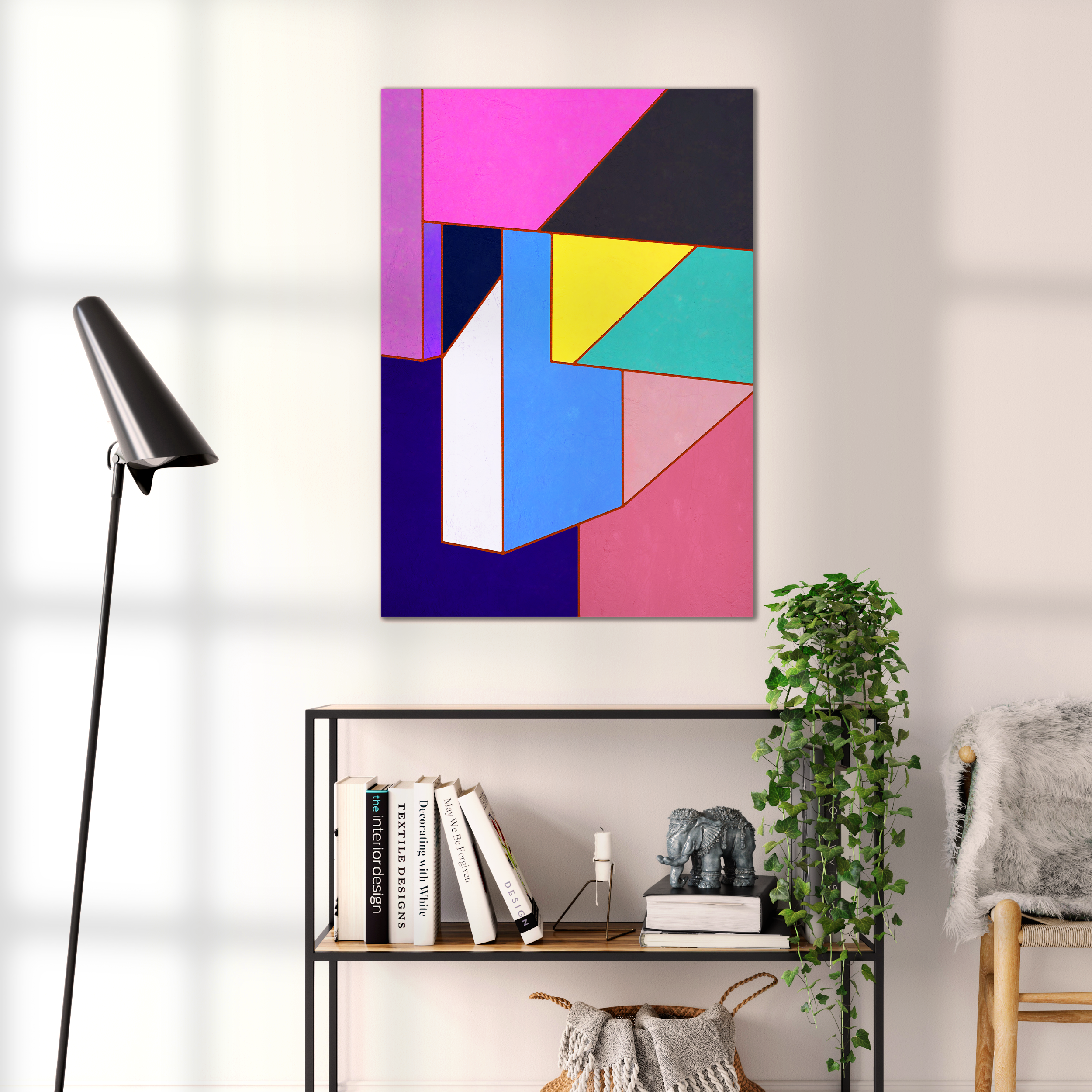 Constructed Fields 11 – geometric abstract art print shown to scale in a contemporary living space. Modern colour-field wall art available in A3, A2, or A1 sizes.
