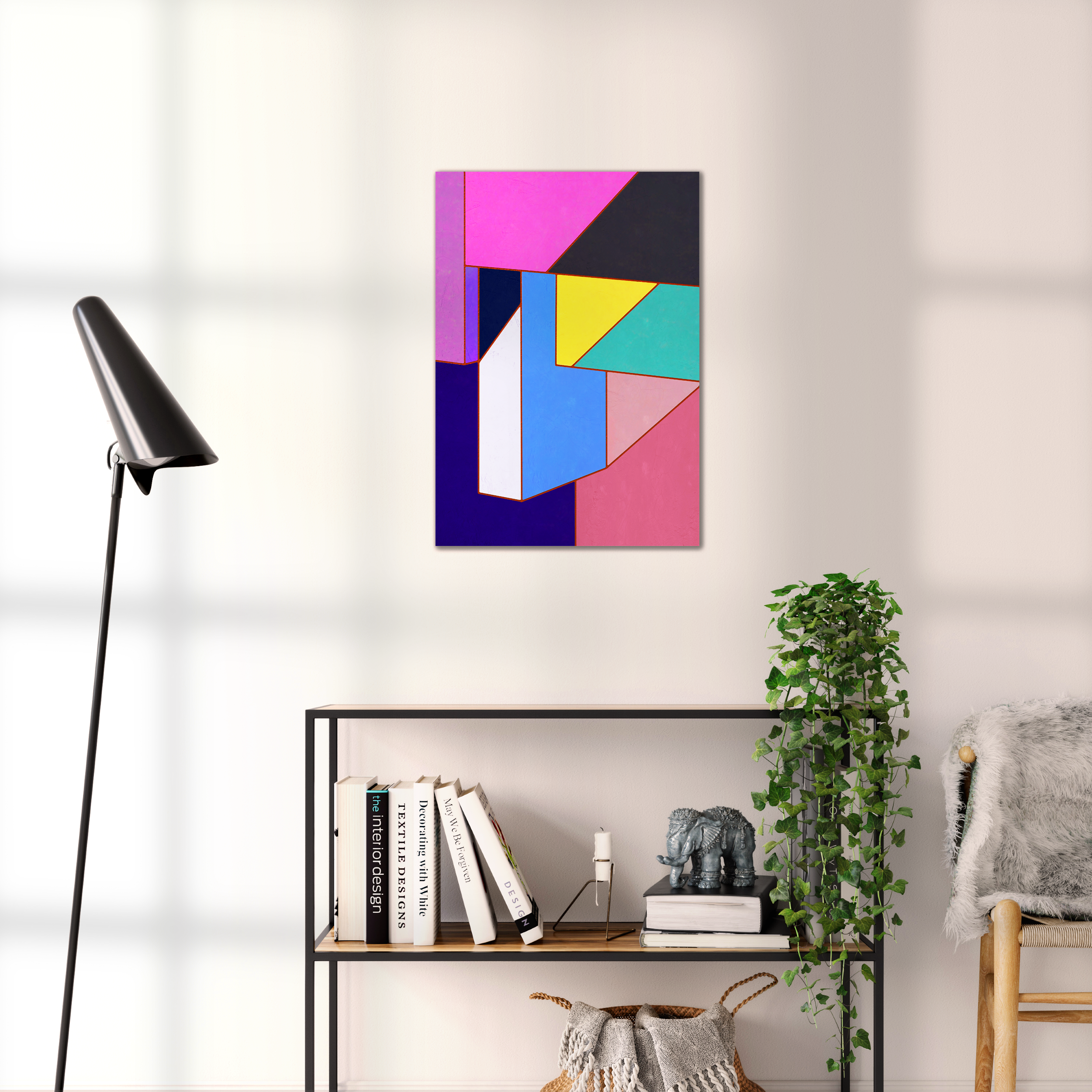 Constructed Fields 11 – geometric abstract art print shown to scale in a contemporary living space. Modern colour-field wall art available in A3, A2, or A1 sizes.
