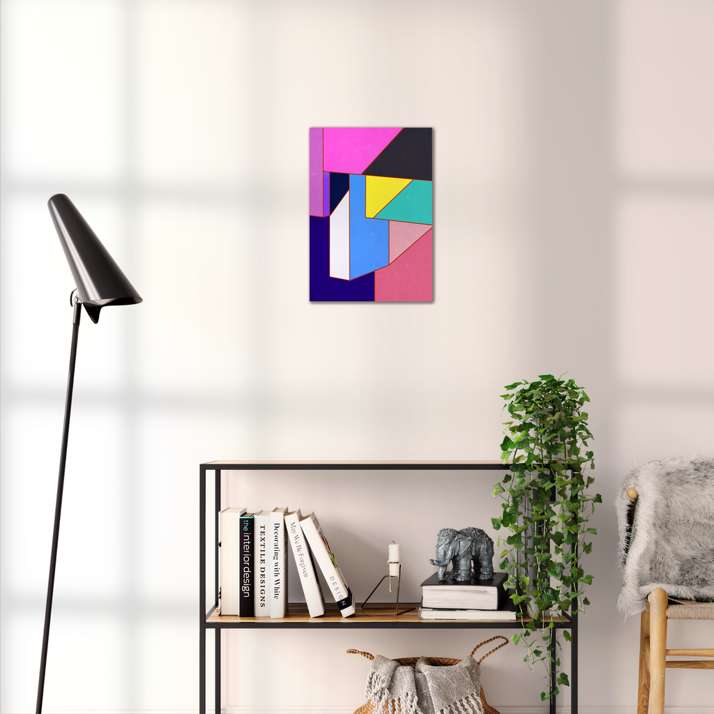 Constructed Fields 11 – geometric abstract art print shown to scale in a contemporary living space. Modern colour-field wall art available in A3, A2, or A1 sizes.