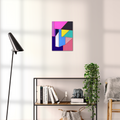 Constructed Fields 11 – geometric abstract art print shown to scale in a contemporary living space. Modern colour-field wall art available in A3, A2, or A1 sizes.