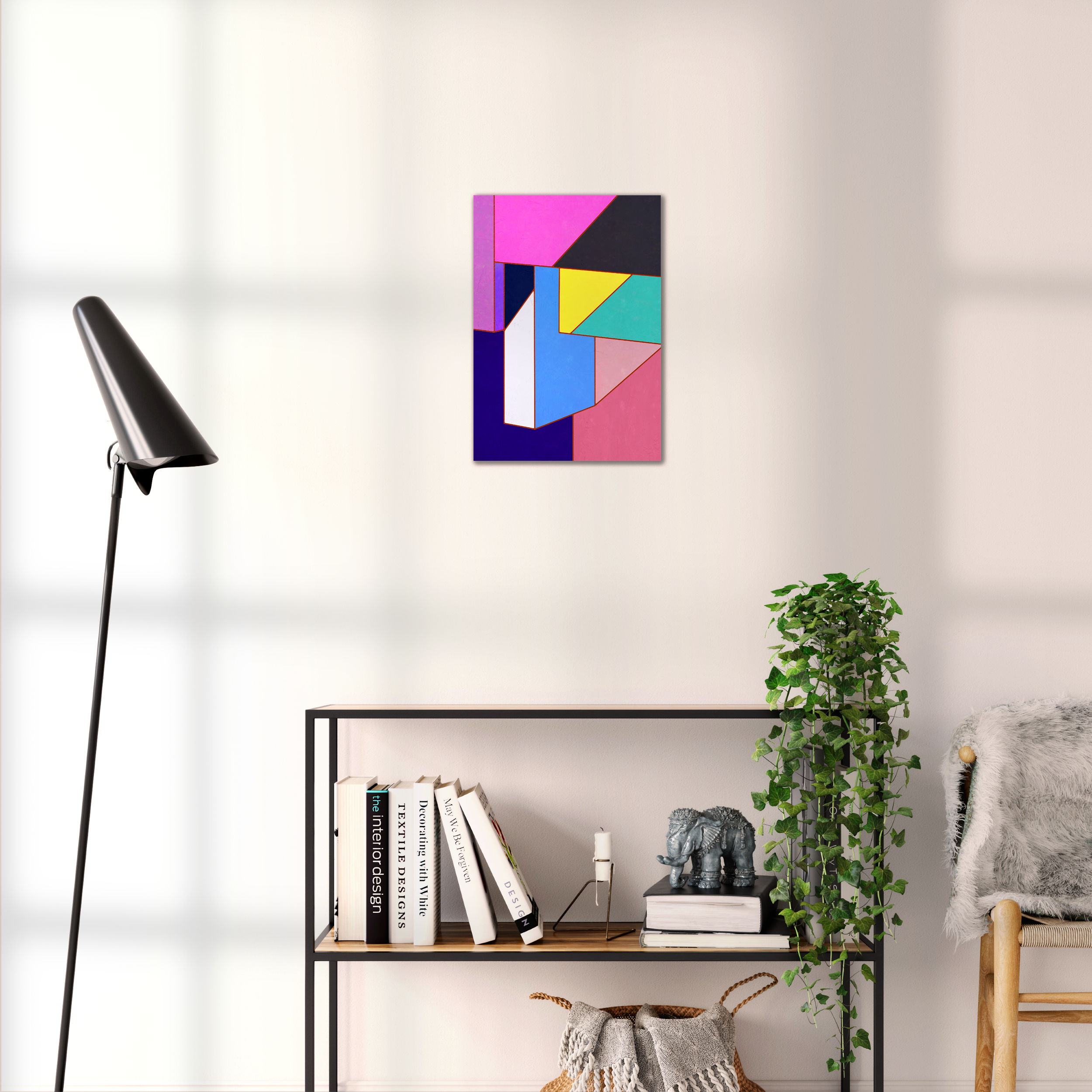 Constructed Fields 11 – geometric abstract art print shown to scale in a contemporary living space. Modern colour-field wall art available in A3, A2, or A1 sizes.