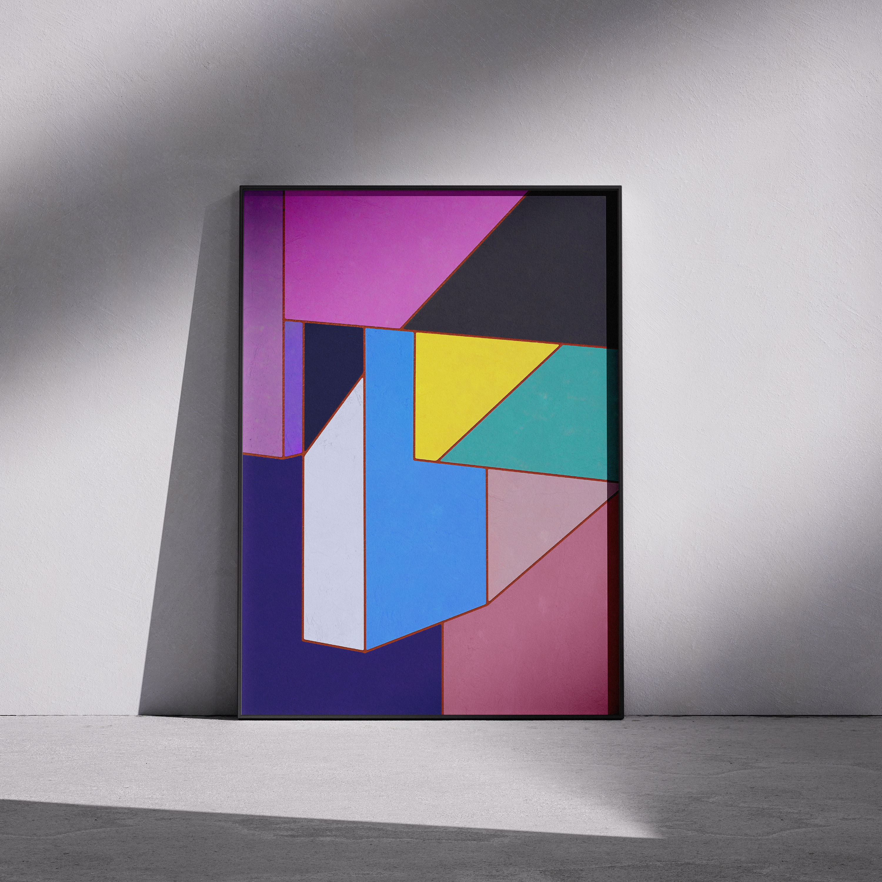 Constructed Fields 11 – framed abstract geometric art print in neutral minimalist setting. Modern colour-field wall decor printed with archival pigment inks on Hahnemühle German Etching paper.