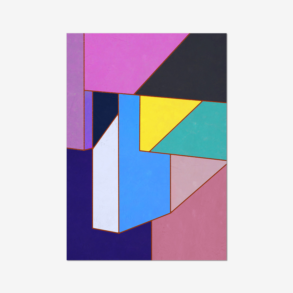 Constructed Fields 11 – abstract geometric colour-field composition featuring structured shapes and balanced colour fields on white background. Fine art giclée print available in multiple sizes.