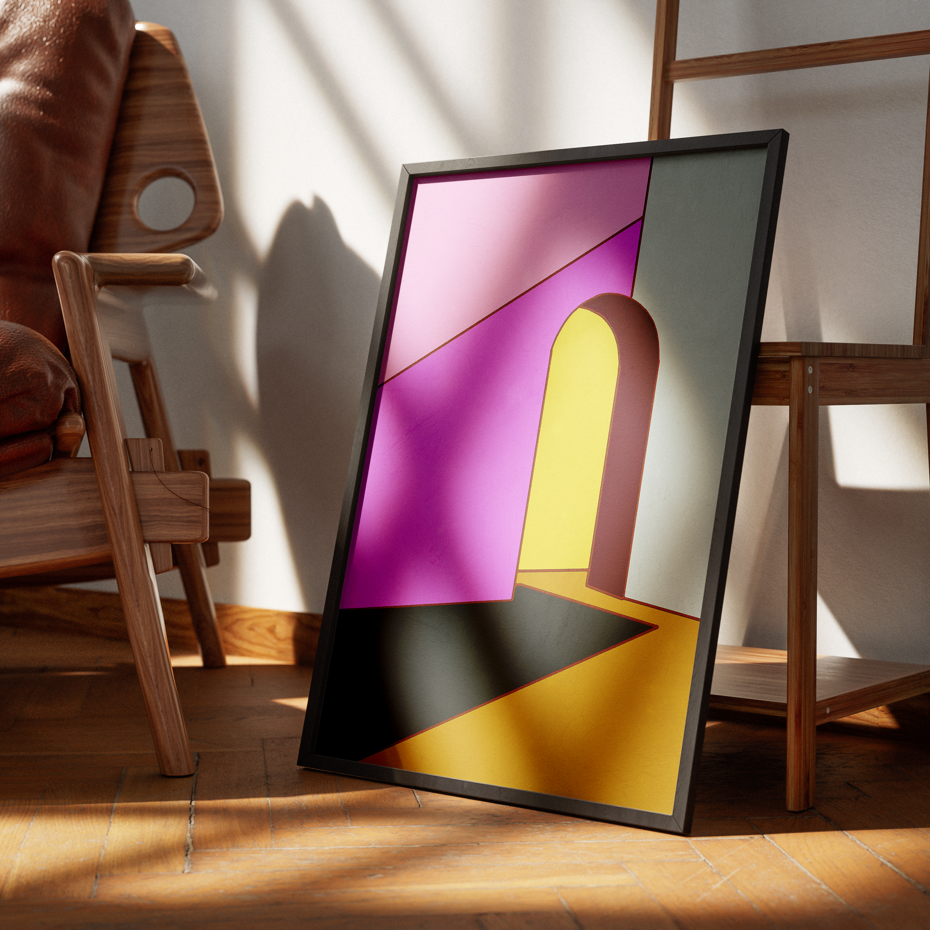 Constructed Fields 12 – abstract geometric colour-field art print displayed in a modern interior setting, styled on a floor. Minimalist contemporary wall art for home or office decor.