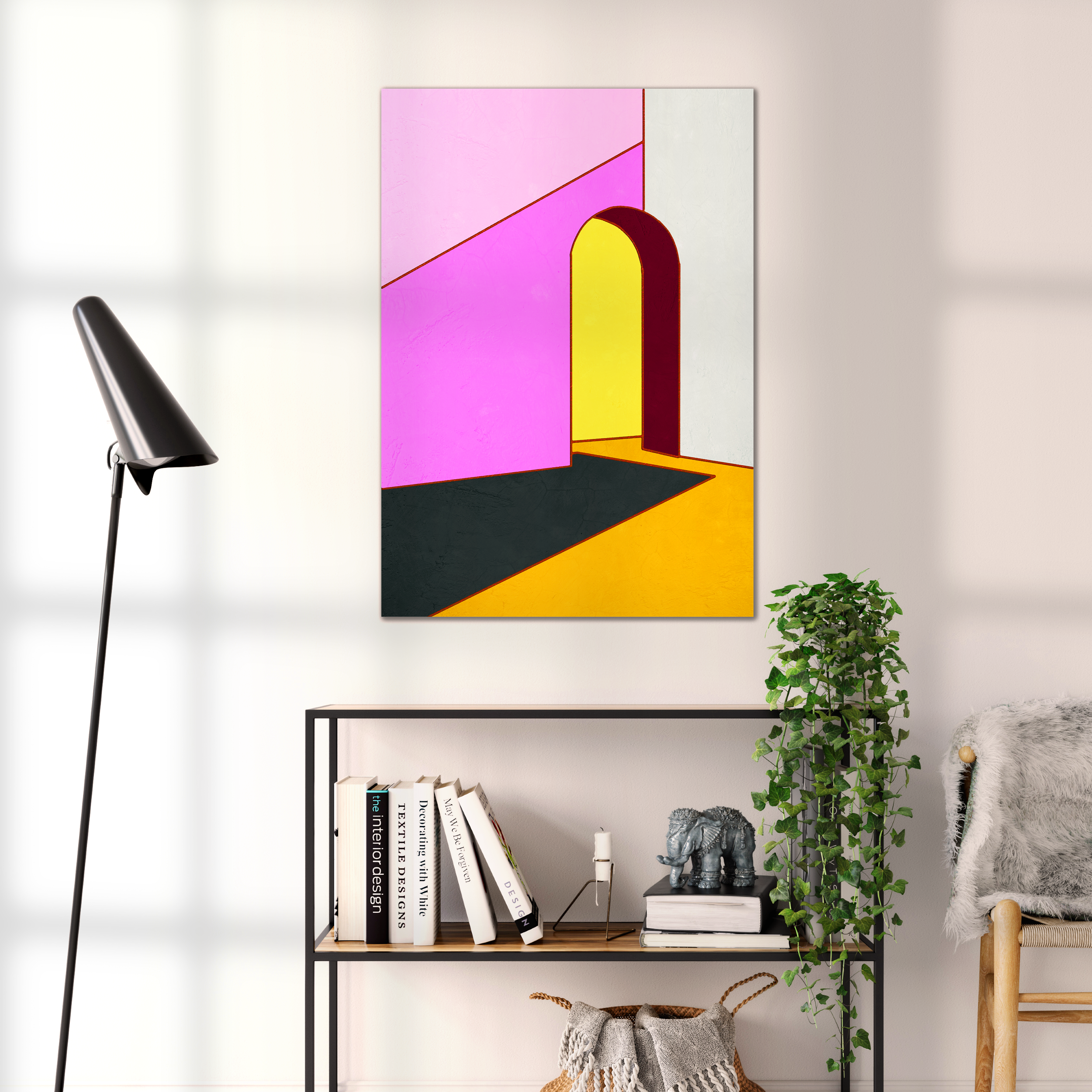 Constructed Fields 12 – geometric abstract art print shown to scale in a contemporary living space. Modern colour-field wall art available in A3, A2, or A1 sizes.
