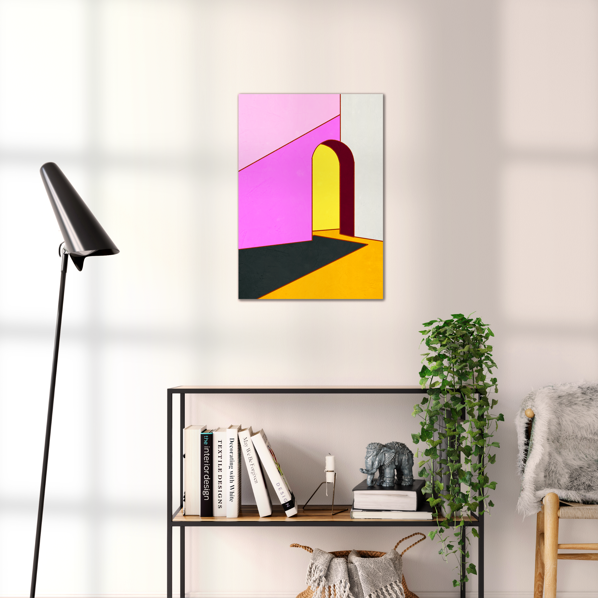 Constructed Fields 12 – geometric abstract art print shown to scale in a contemporary living space. Modern colour-field wall art available in A3, A2, or A1 sizes.