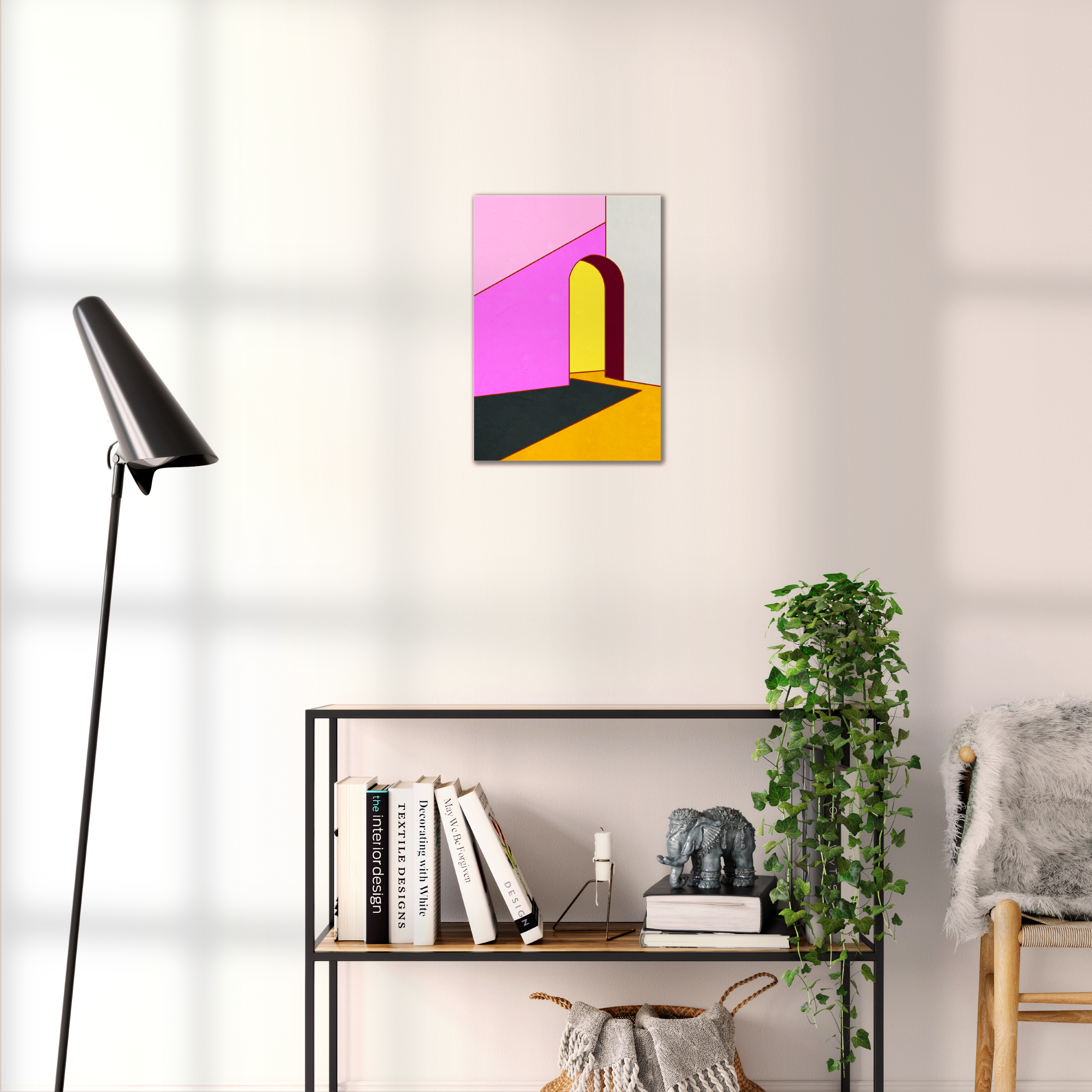 Constructed Fields 12 – geometric abstract art print shown to scale in a contemporary living space. Modern colour-field wall art available in A3, A2, or A1 sizes.