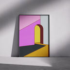 Constructed Fields 12 – framed abstract geometric art print in neutral minimalist setting. Modern colour-field wall decor printed with archival pigment inks on Hahnemühle German Etching paper.