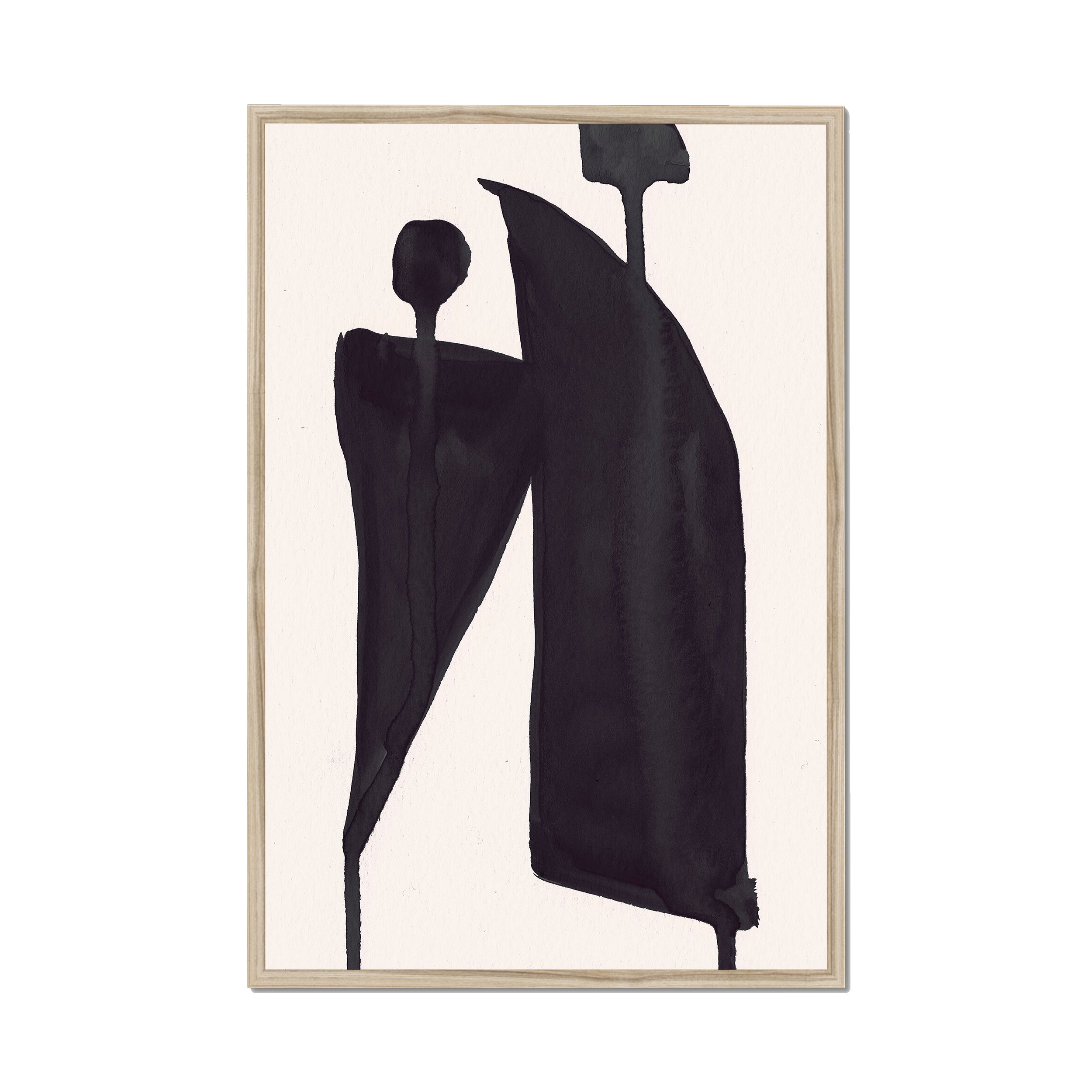 Ink Composition 05 black ink print, 60x90cm, in a natural wood box frame, ready to hang.