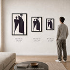 Ink Composition 05 black ink print shown to scale in a living room, all sizes.