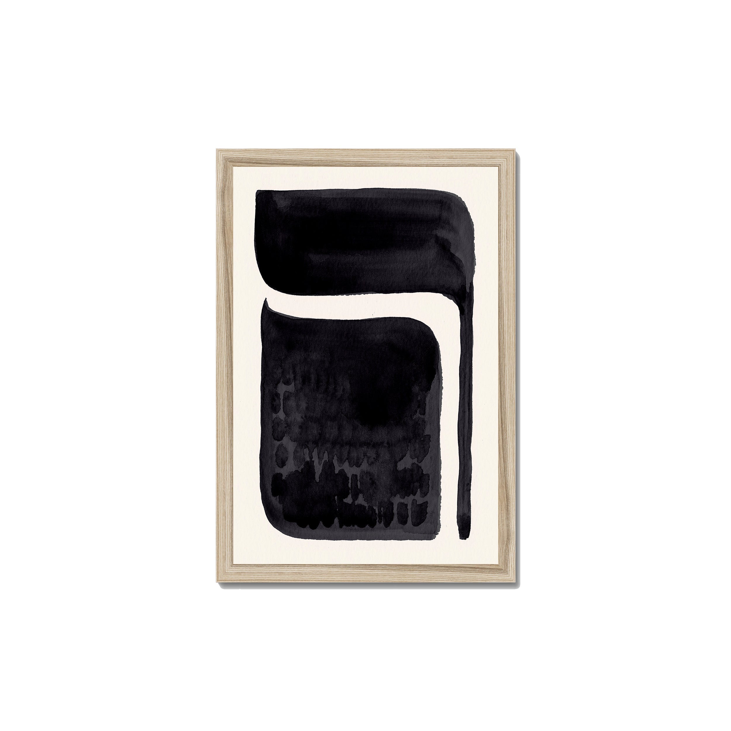 Ink Composition 06 black ink print, 30x45cm, in a natural wood box frame, ready to hang.