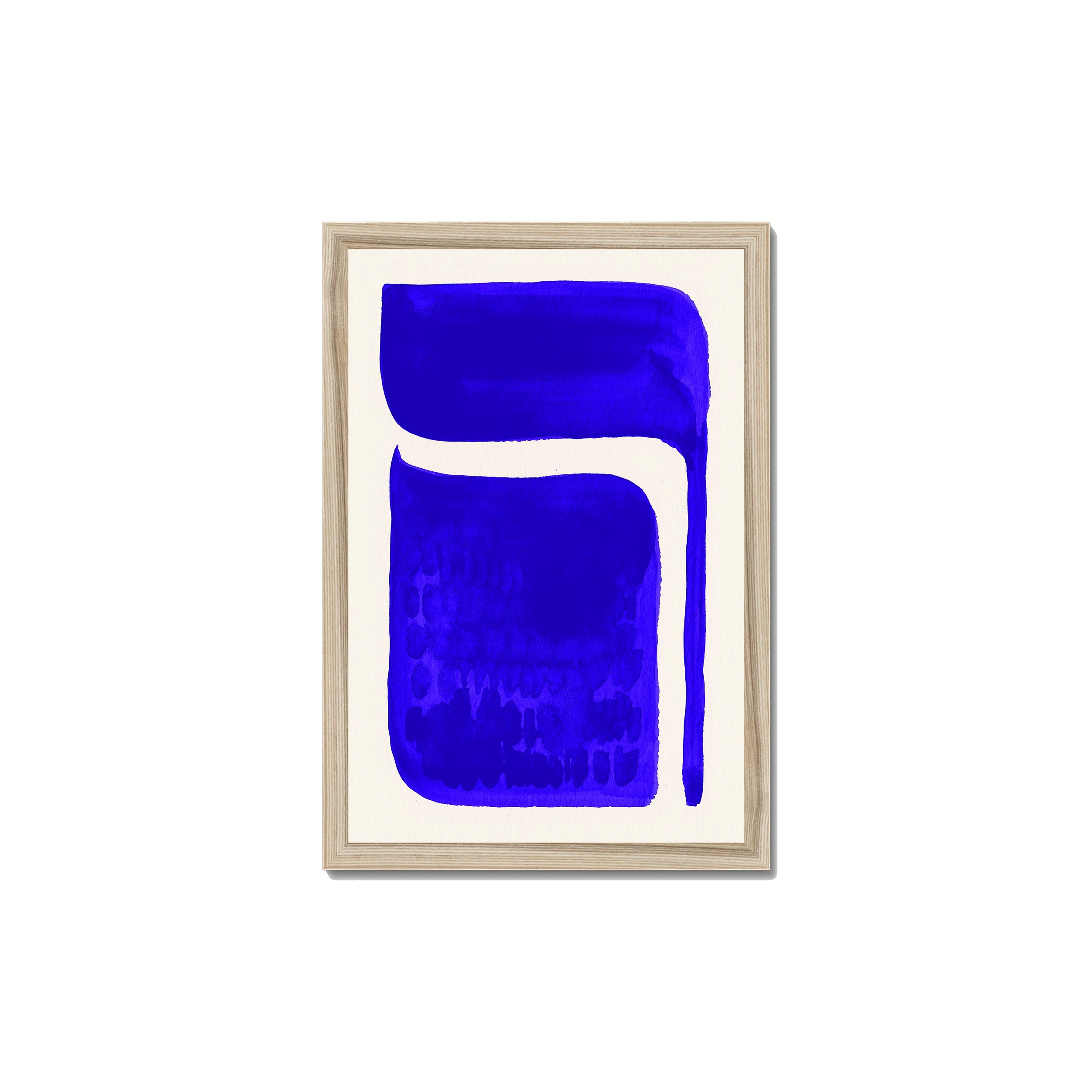 Ink Composition 06 blue ink print, 30x45cm, in a natural wood box frame, ready to hang.