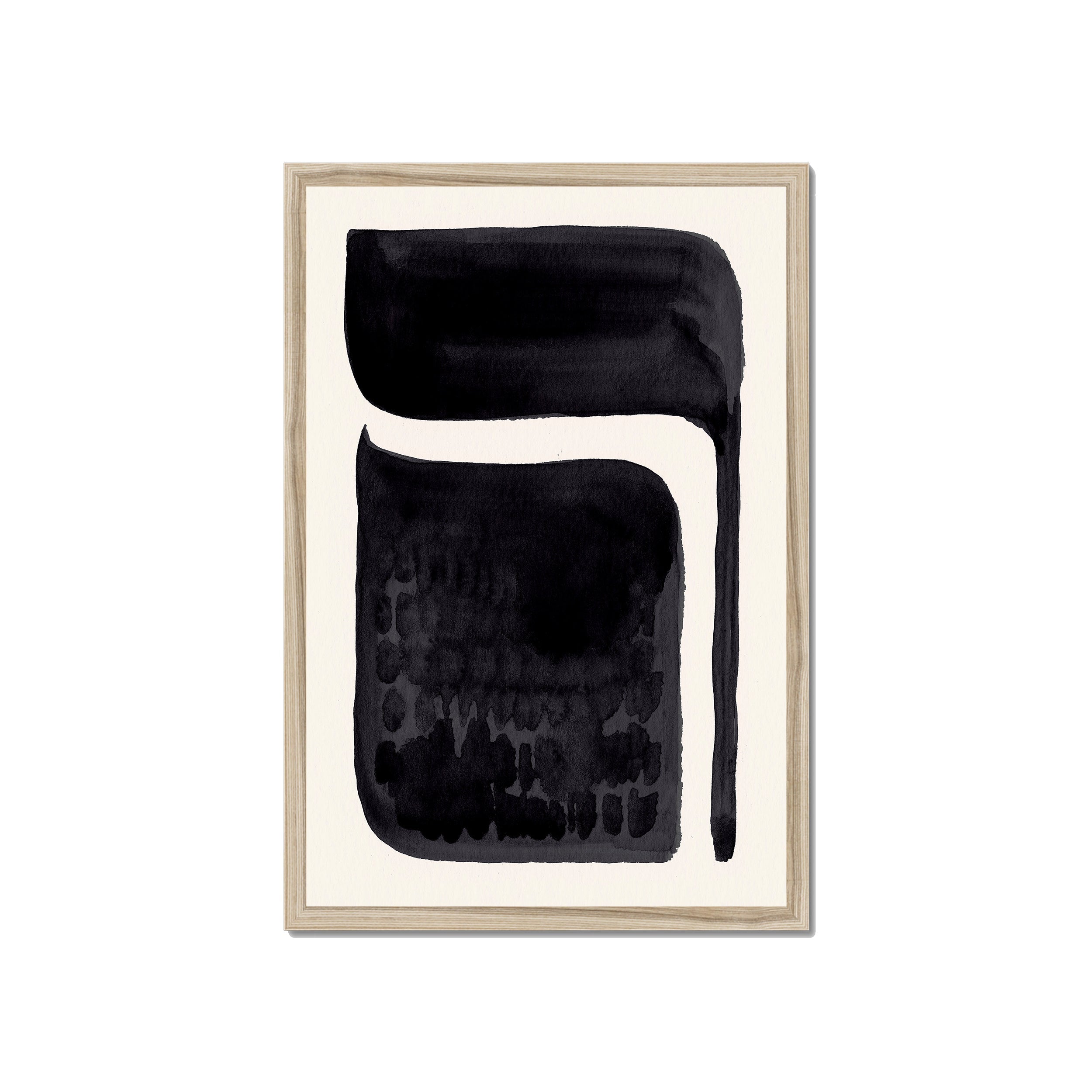 Ink Composition 06 black ink print, 40x60cm, in a natural wood box frame, ready to hang.