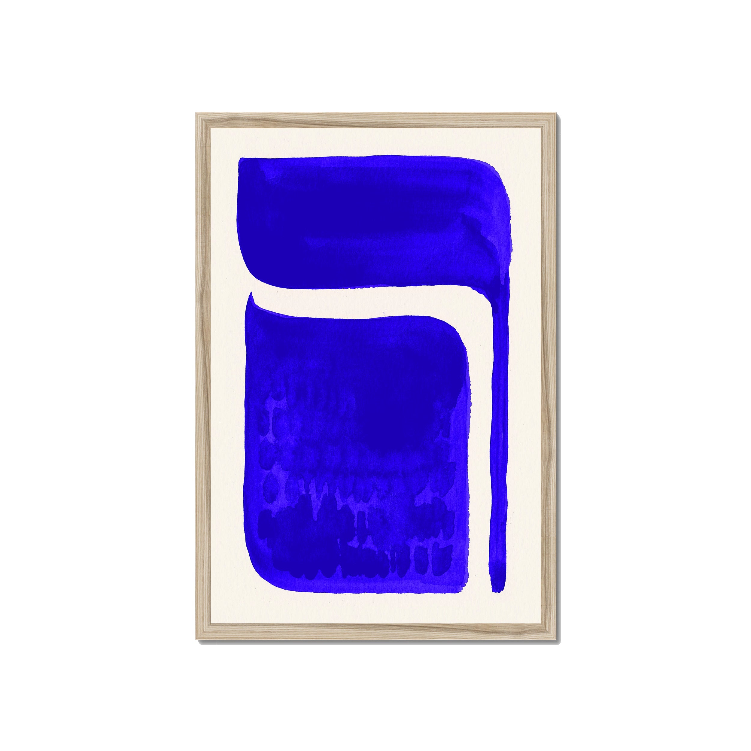 Ink Composition 06 blue ink print, 40x60cm, in a natural wood box frame, ready to hang.