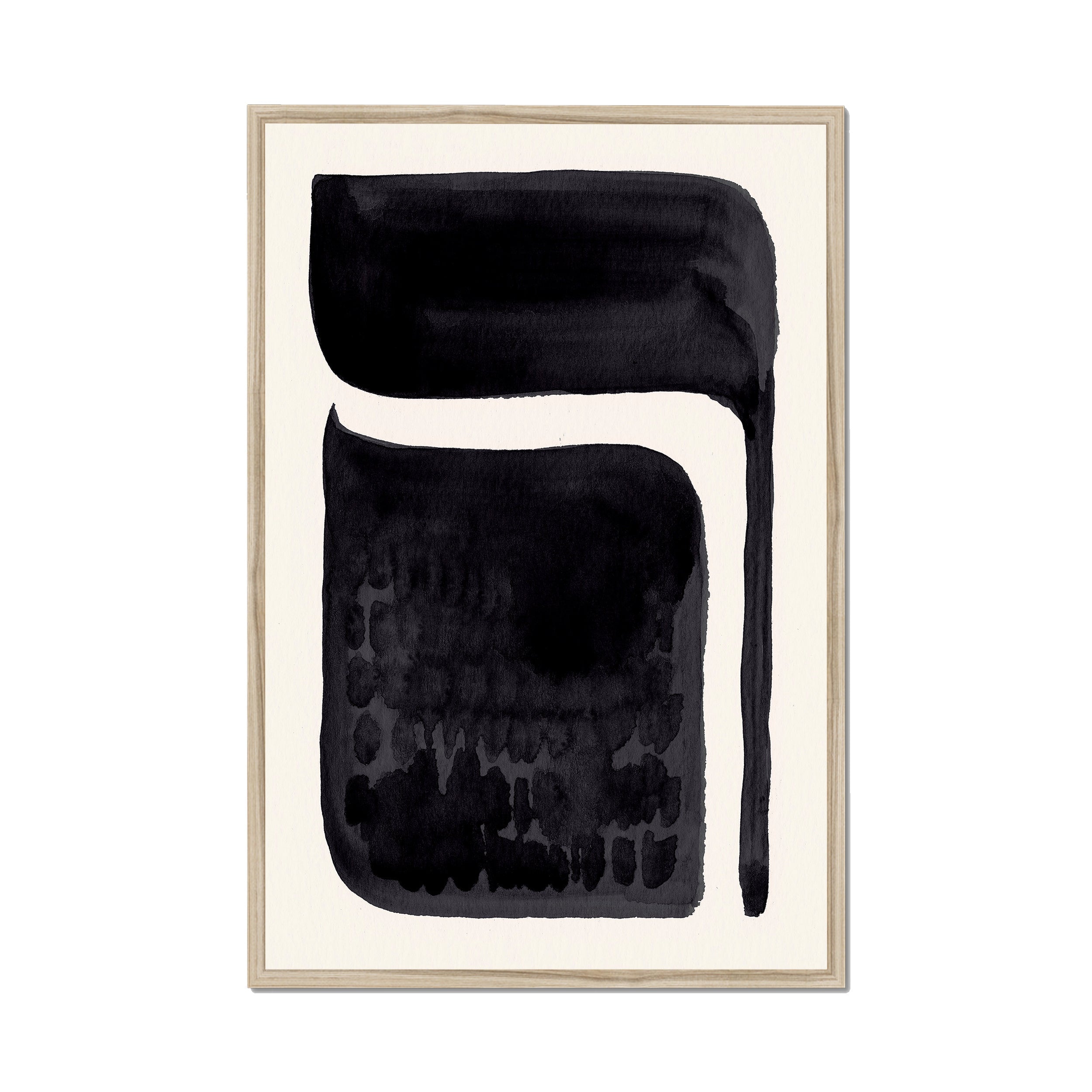 Ink Composition 06 black ink print, 60x90cm, in a natural wood box frame, ready to hang.