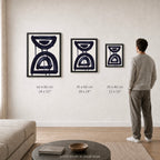 Ink Composition 07 black ink print shown to scale in a living room, all sizes.