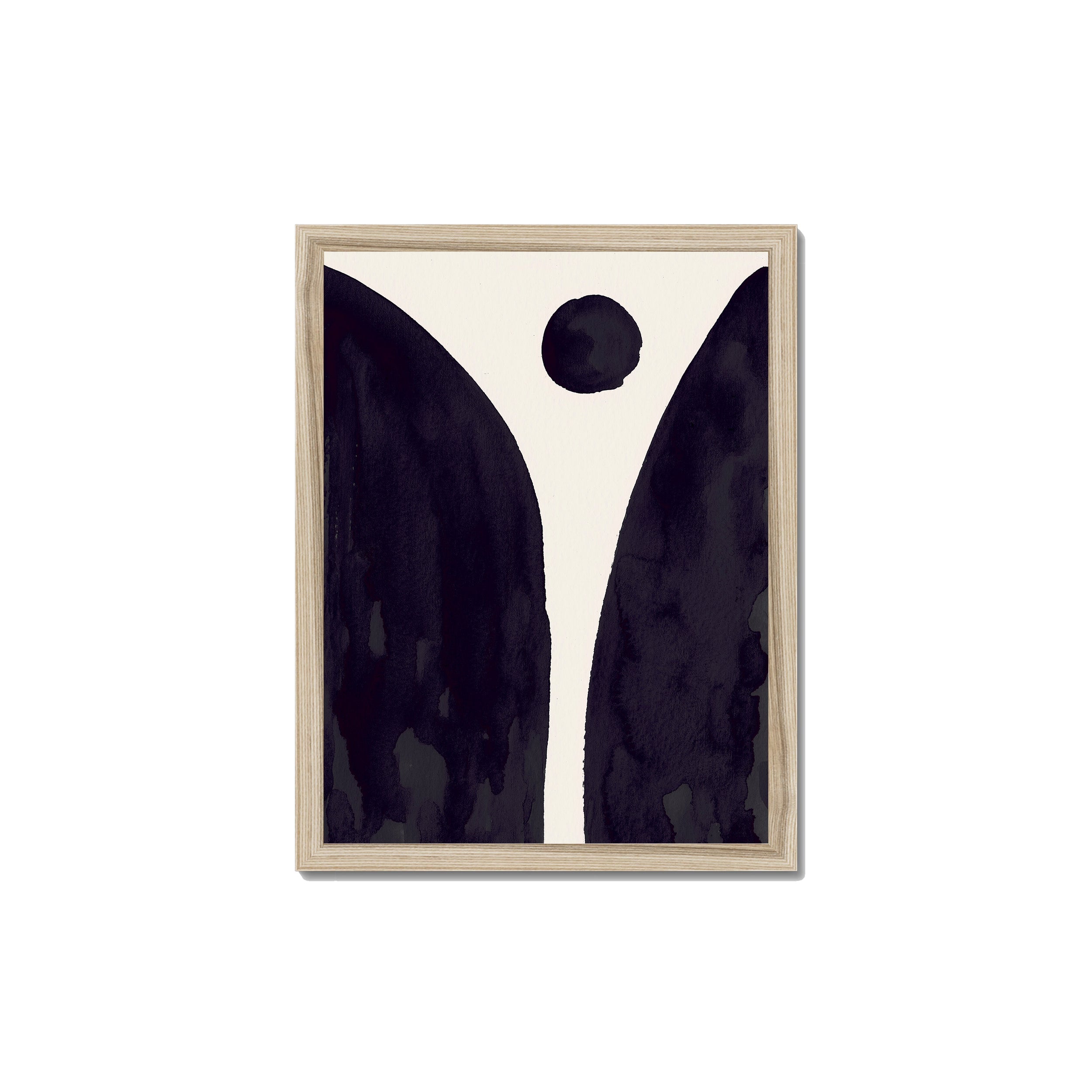 Ink Composition 08 black ink print, 30x40cm, in a natural wood box frame, ready to hang.