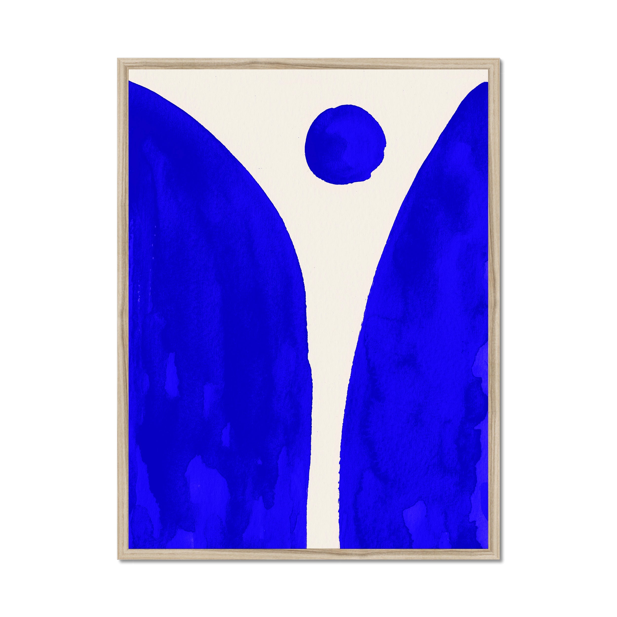 Ink Composition 08 blue ink print, 60x80cm, in a natural wood box frame, ready to hang.
