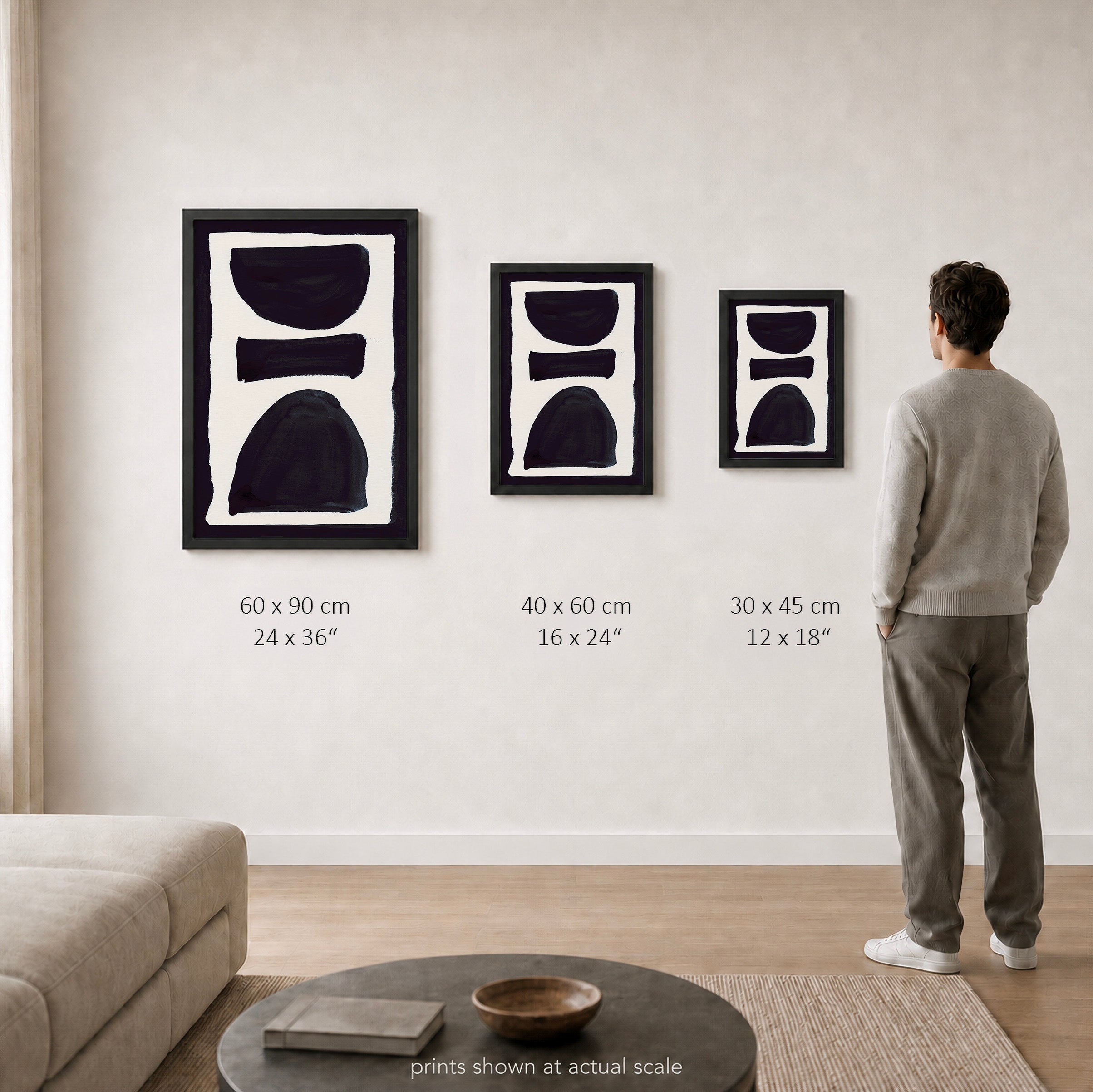 Ink Composition 17 black ink print shown to scale in a living room, all sizes.