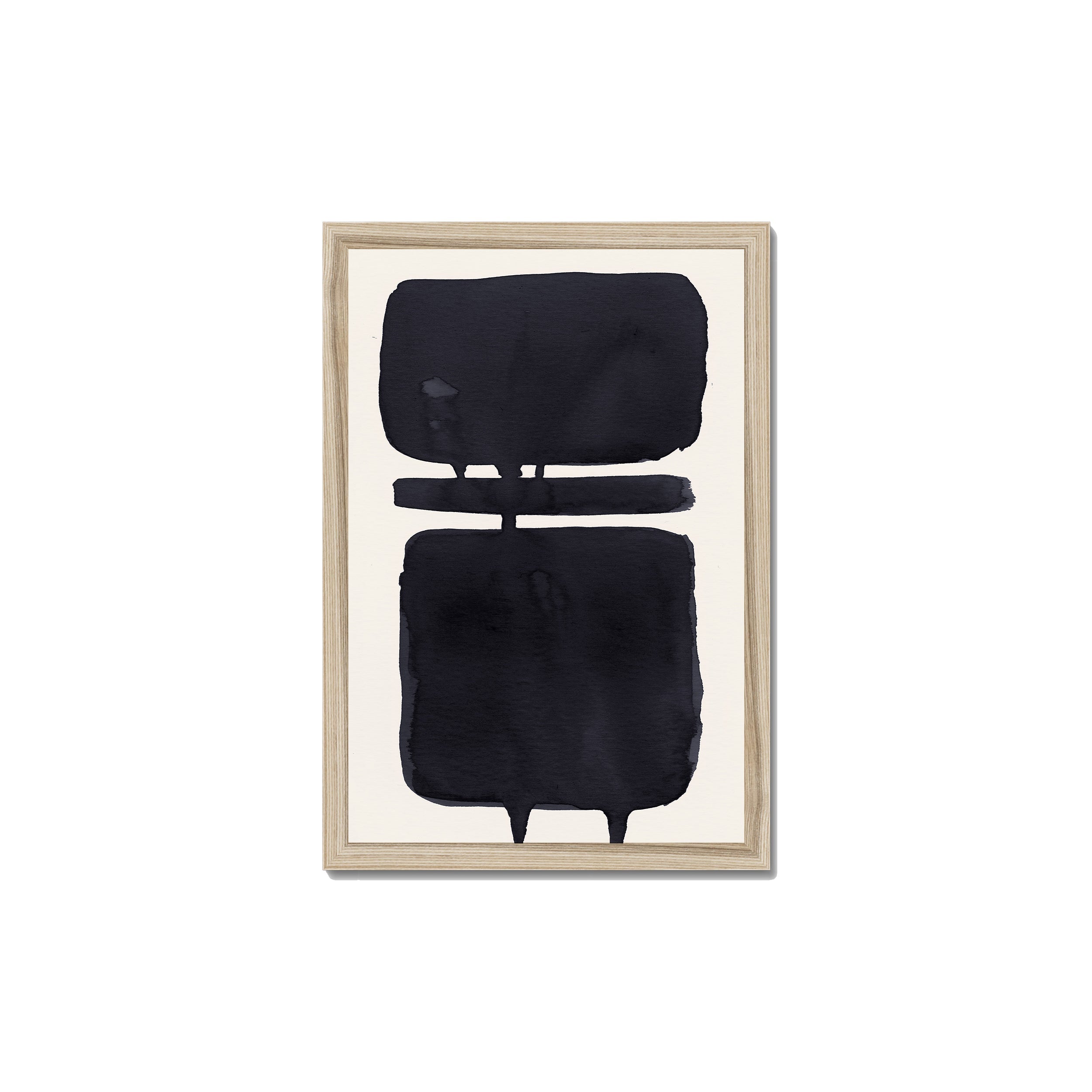 Ink Composition 18 black ink print, 30x45cm, in a natural wood box frame, ready to hang.