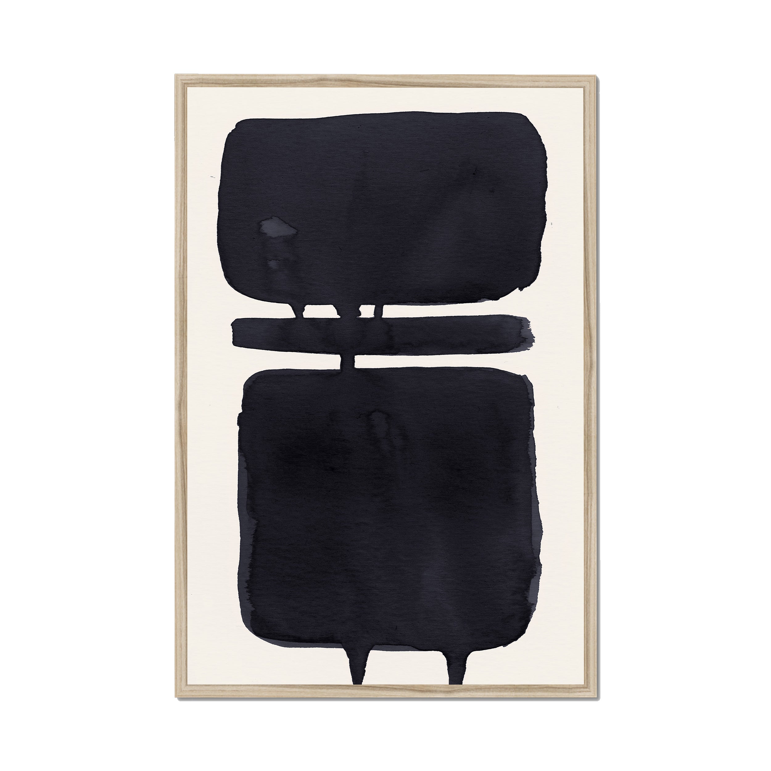Ink Composition 18 black ink print, 60x90cm, in a natural wood box frame, ready to hang.