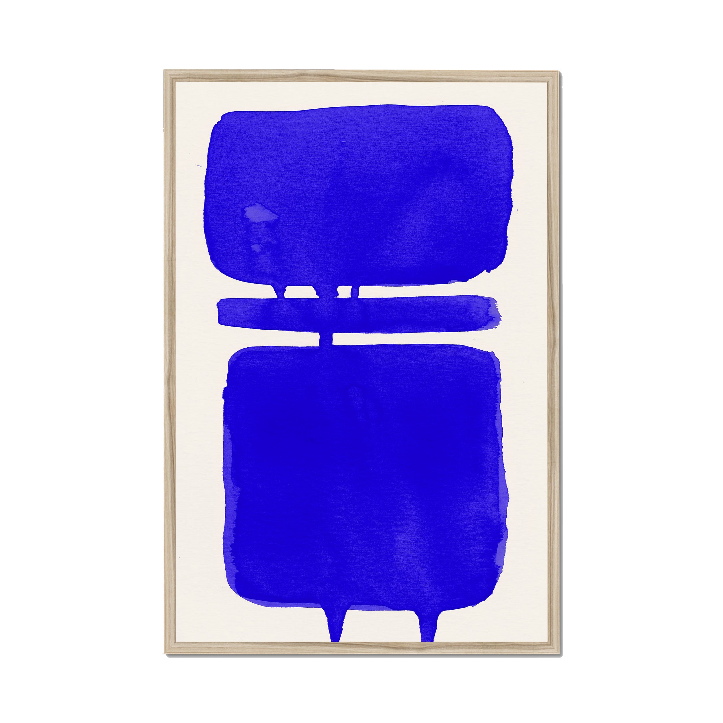 Ink Composition 18 blue ink print, 60x90cm, in a natural wood box frame, ready to hang.