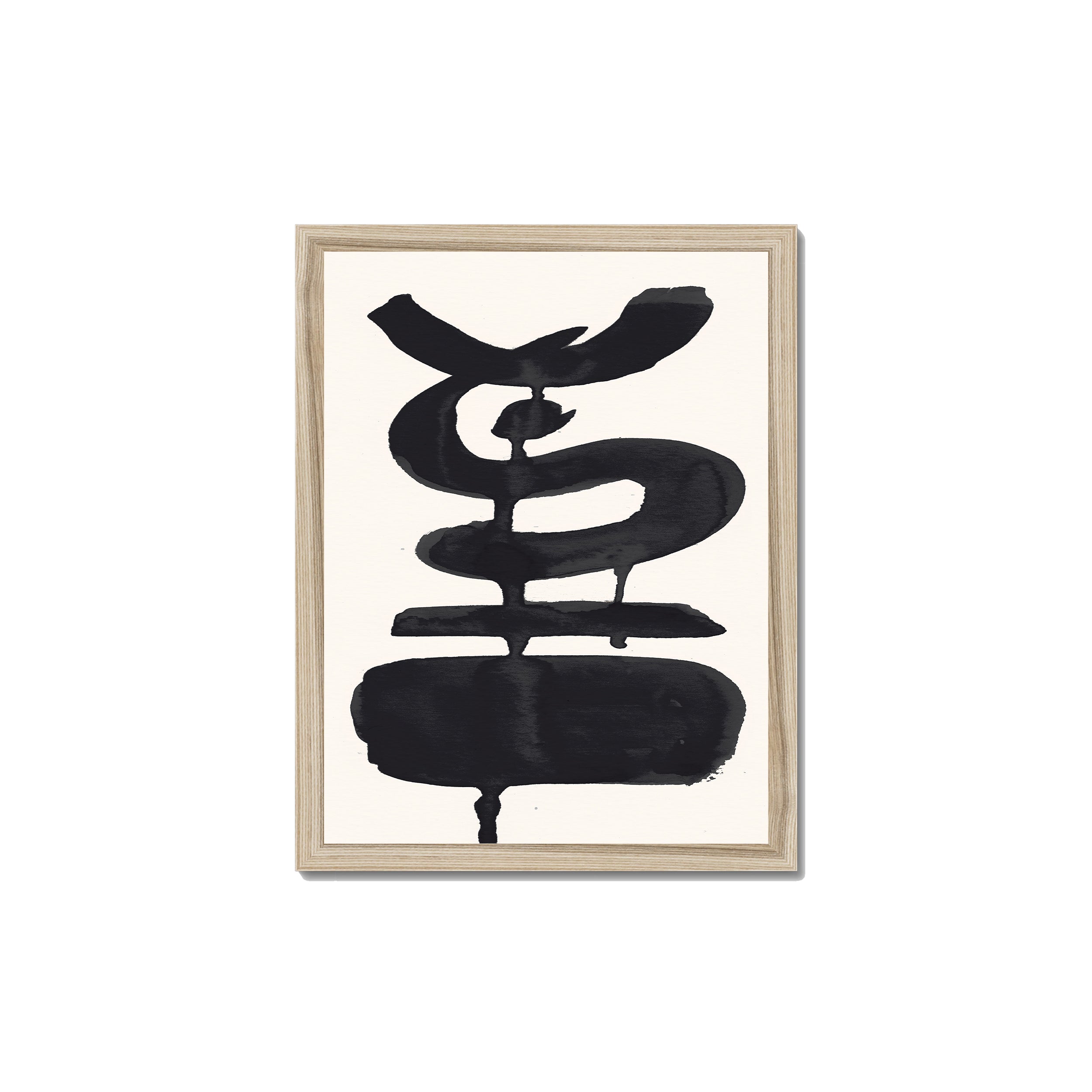 Ink Composition 19 black ink print, 30x40cm, in a natural wood box frame, ready to hang.
