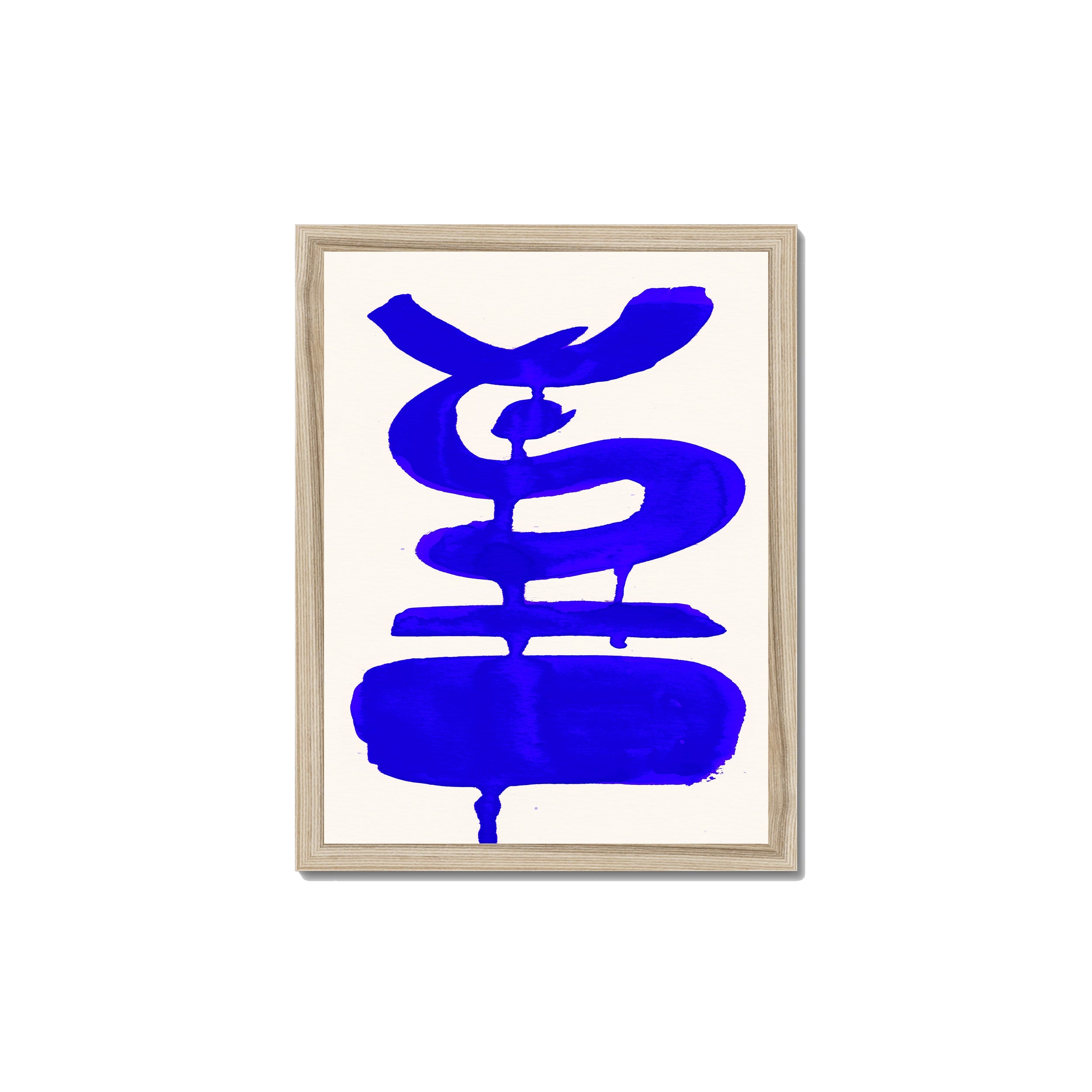 Ink Composition 19 blue ink print, 30x40cm, in a natural wood box frame, ready to hang.