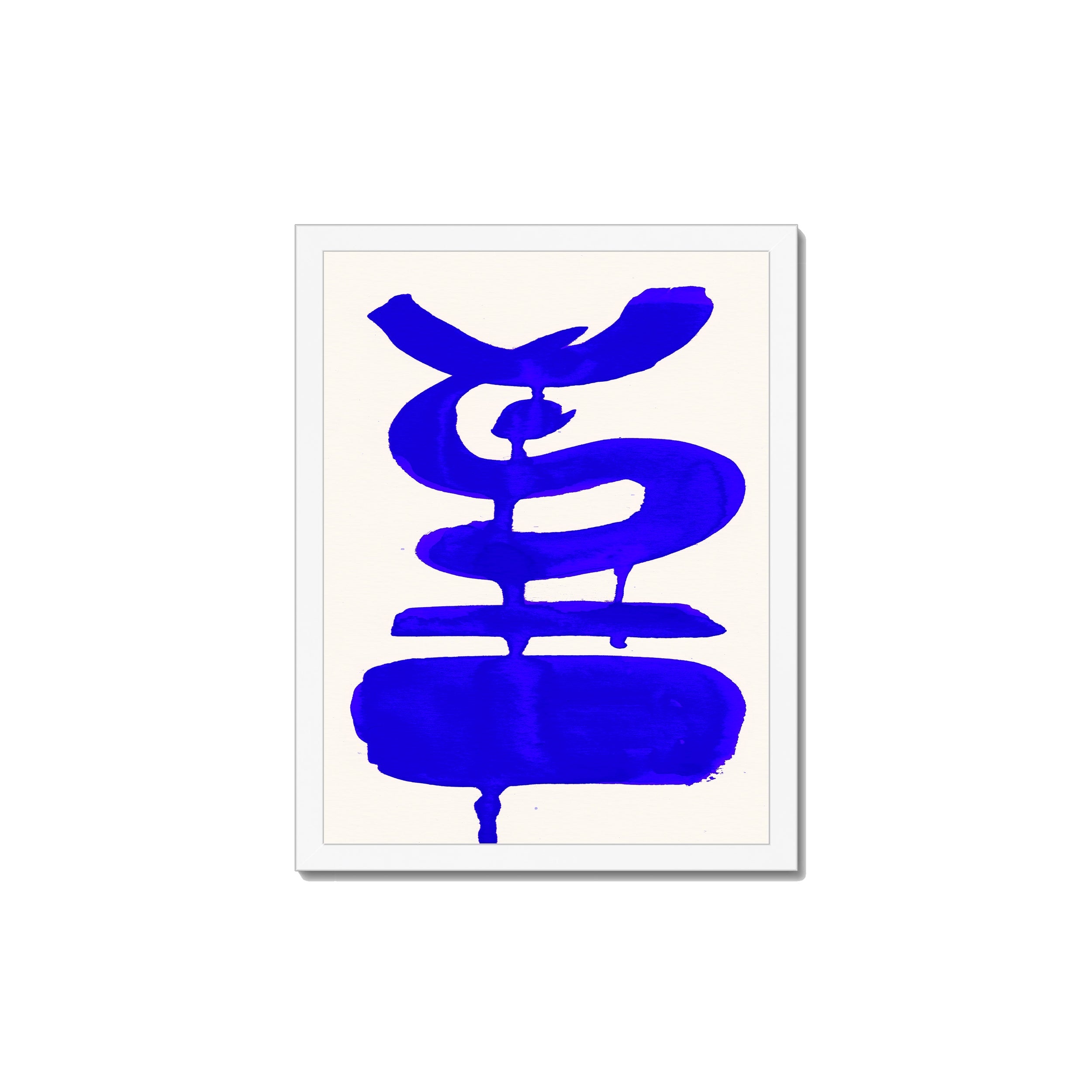 Ink Composition 19 blue ink print, 30x40cm, in a white box frame, ready to hang.