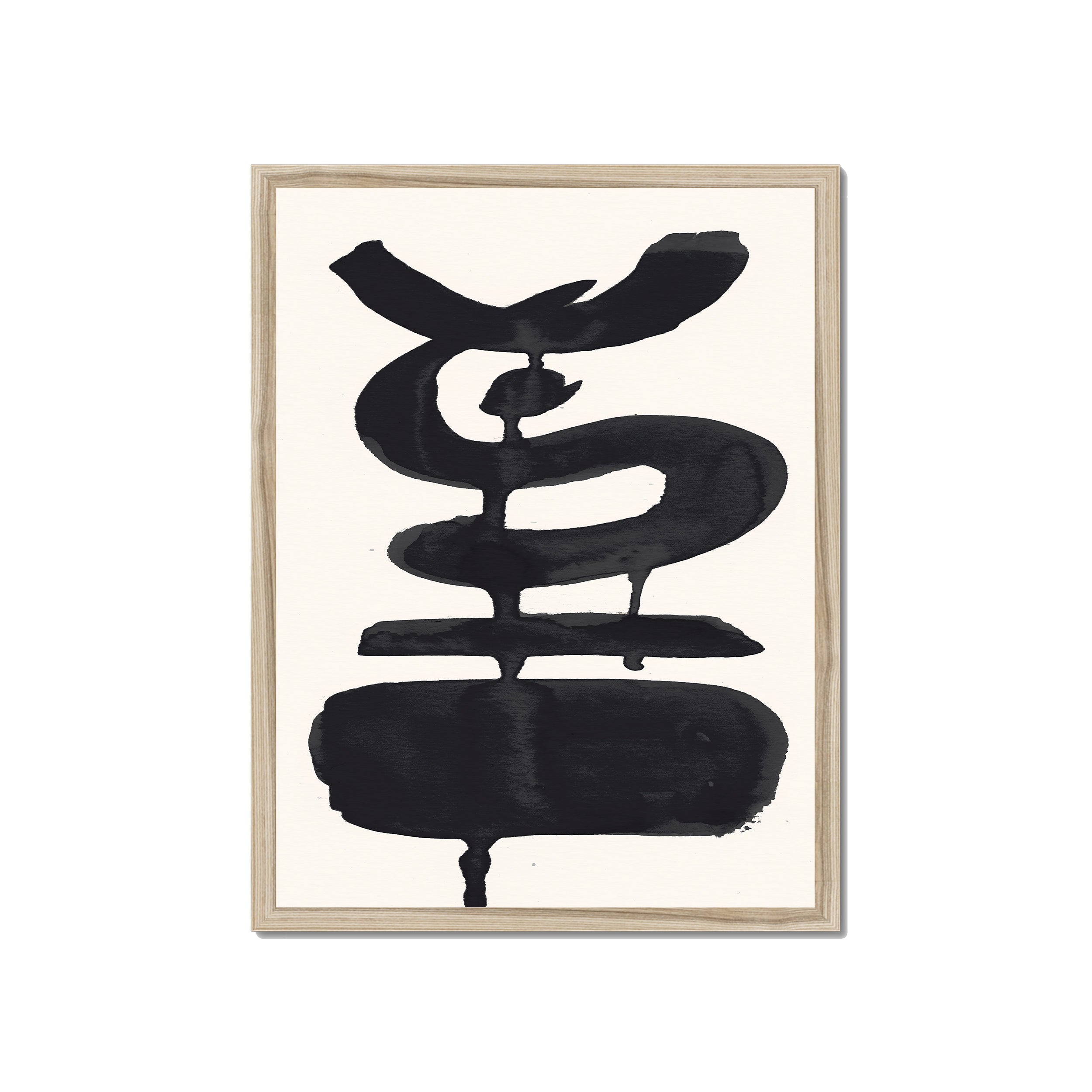 Ink Composition 19 black ink print, 45x60cm, in a natural wood box frame, ready to hang.