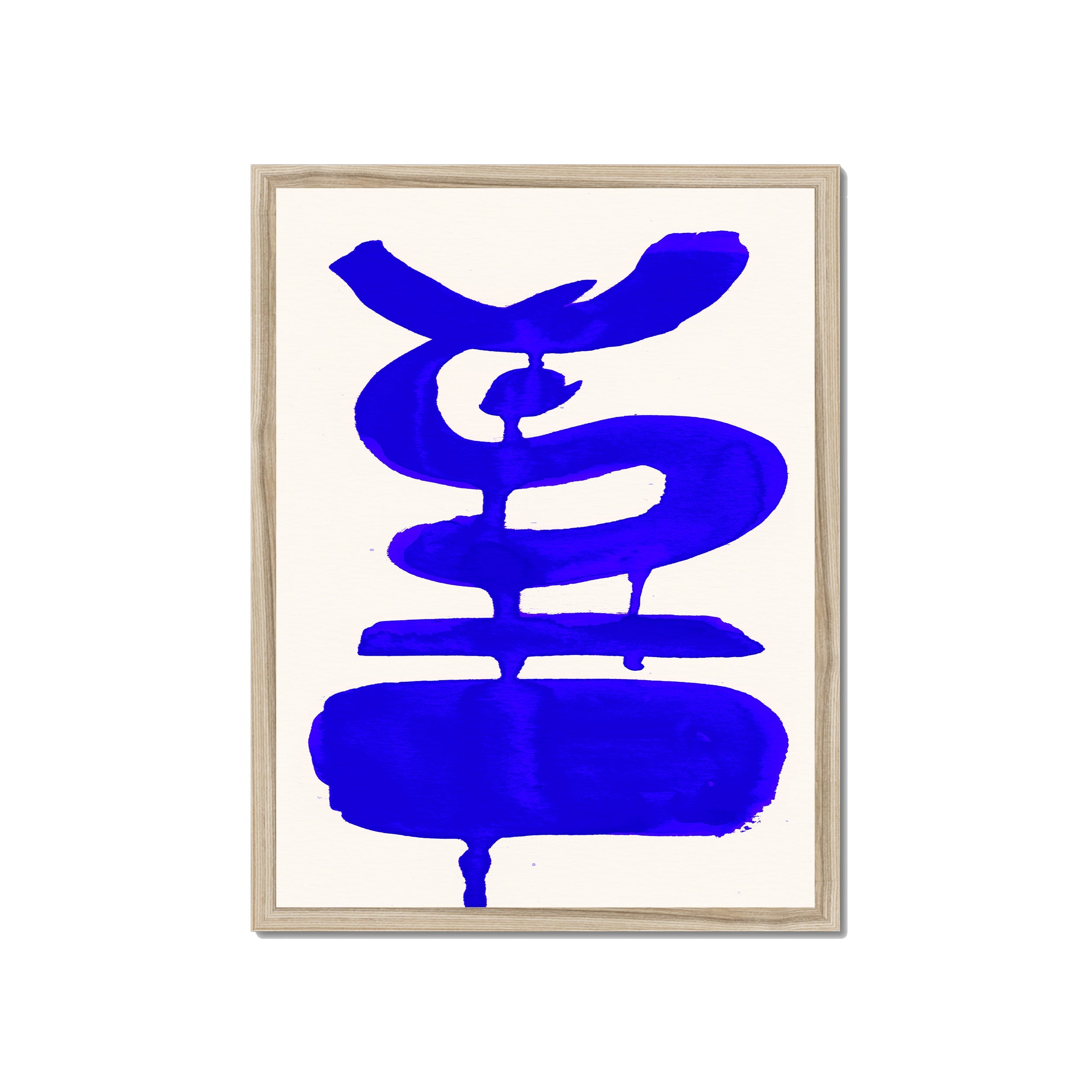 Ink Composition 19 blue ink print, 45x60cm, in a natural wood box frame, ready to hang.