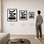 Ink Composition 19 black ink print shown to scale in a living room, all sizes.