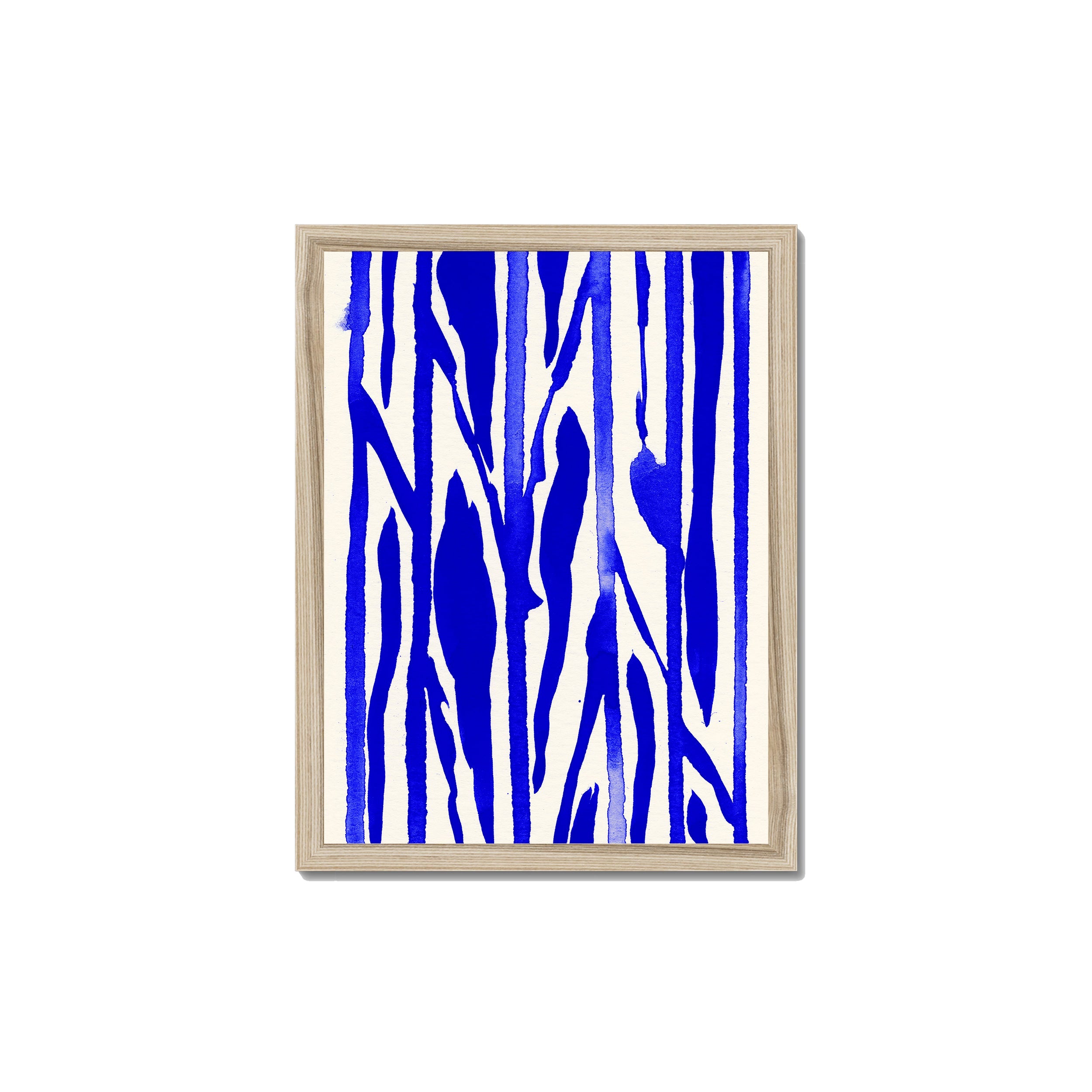 Ink Composition 22 blue ink print, 30x40cm, in a natural wood box frame, ready to hang.
