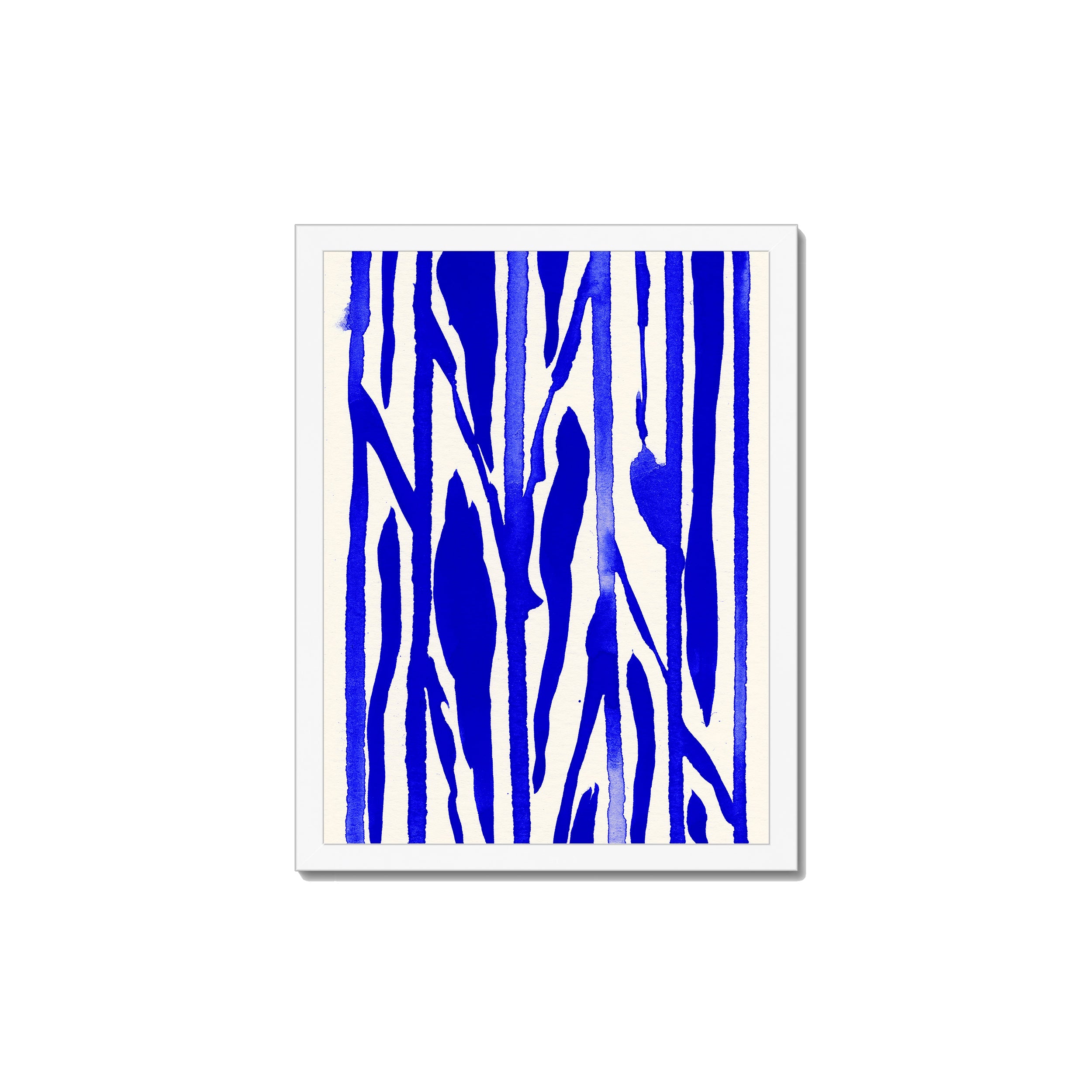 Ink Composition 22 blue ink print, 30x40cm, in a white box frame, ready to hang.