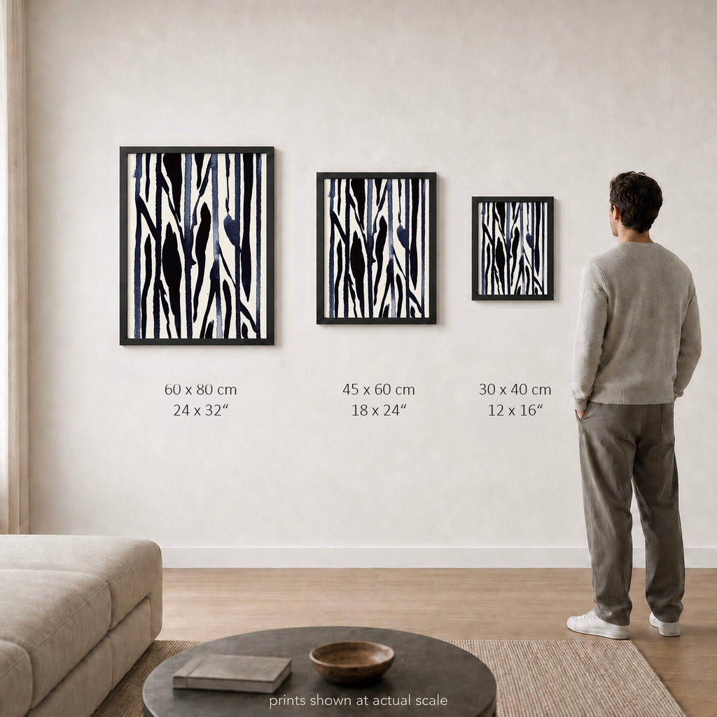 Ink Composition 22 black ink print shown to scale in a living room, all sizes.