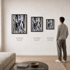 Ink Composition 22 black ink print shown to scale in a living room, all sizes.