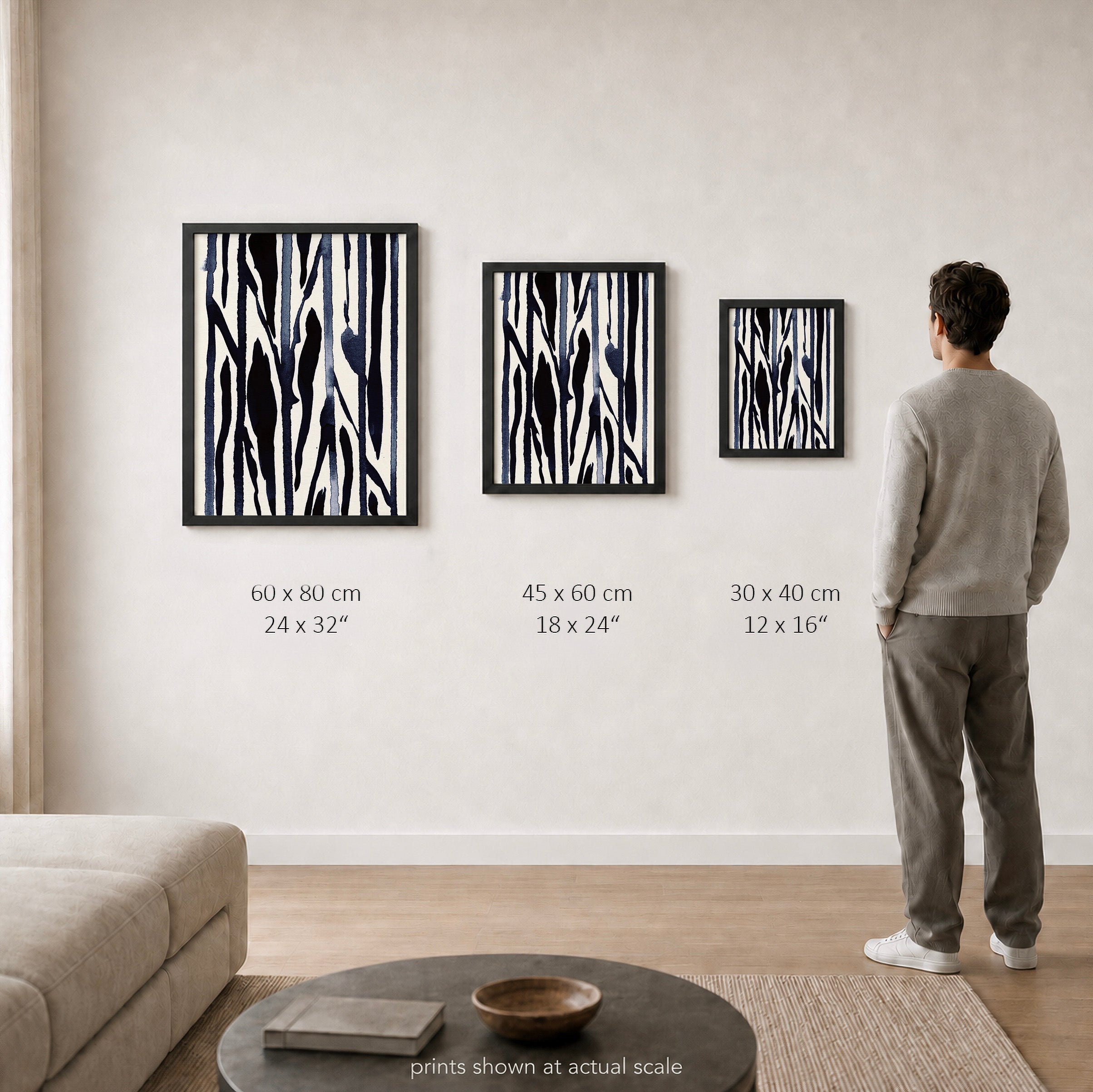 Ink Composition 22 black ink print shown to scale in a living room, all sizes.