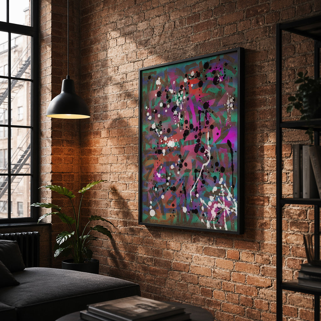 Broken Beat 01 abstract wall art print styled in a modern interior