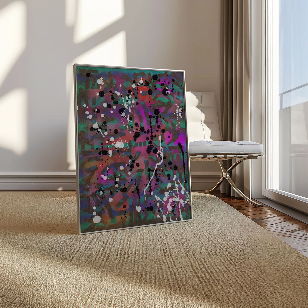 Broken Beat 01 colourful contemporary abstract print shown in a modern room setting