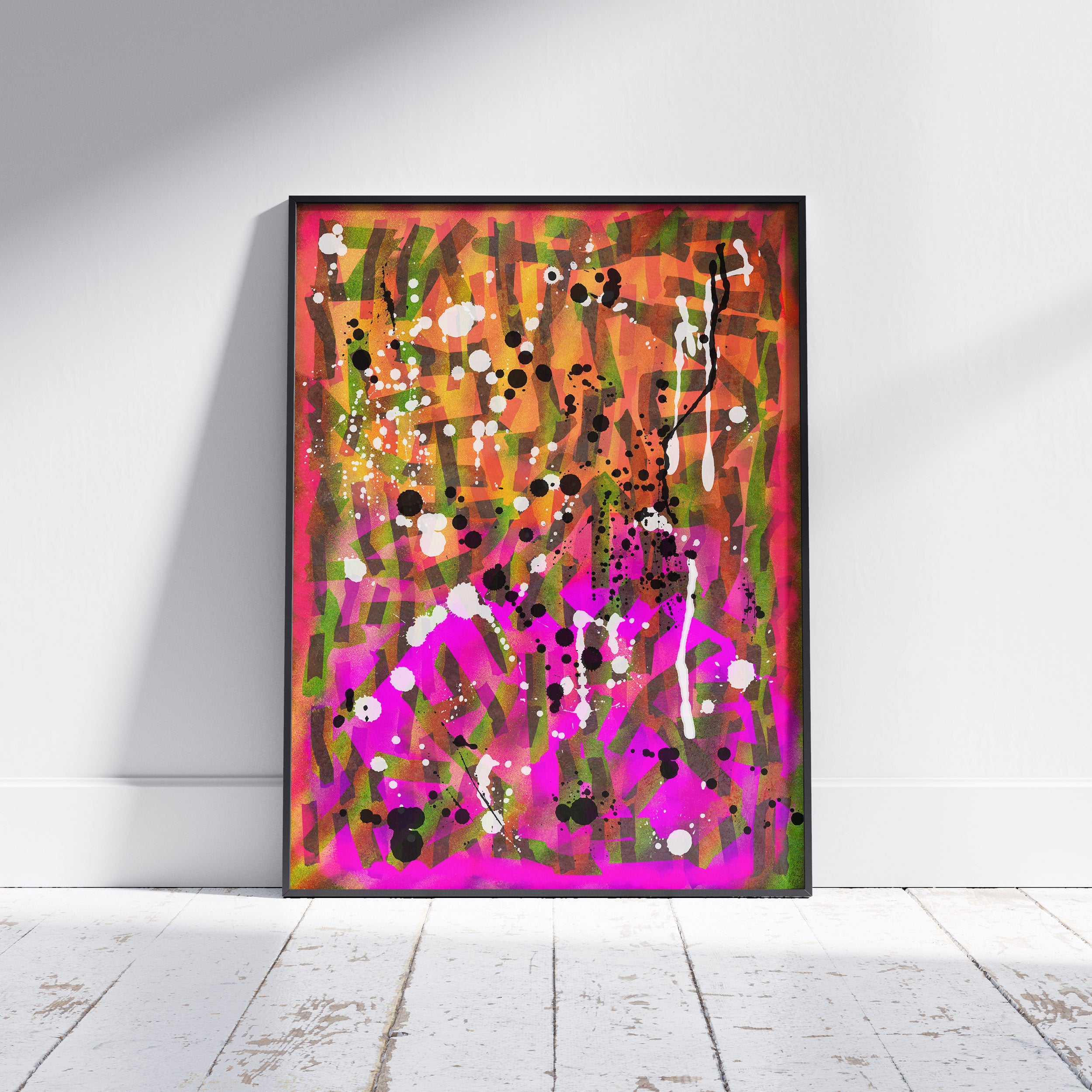 Broken Beat 02 framed abstract wall art print shown off wall with black frame