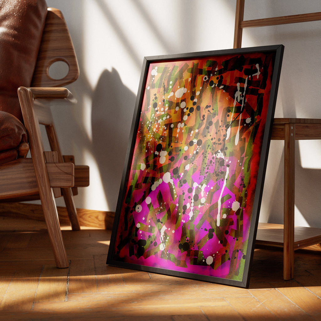 Broken Beat 02 colourful contemporary abstract print shown in a modern room setting